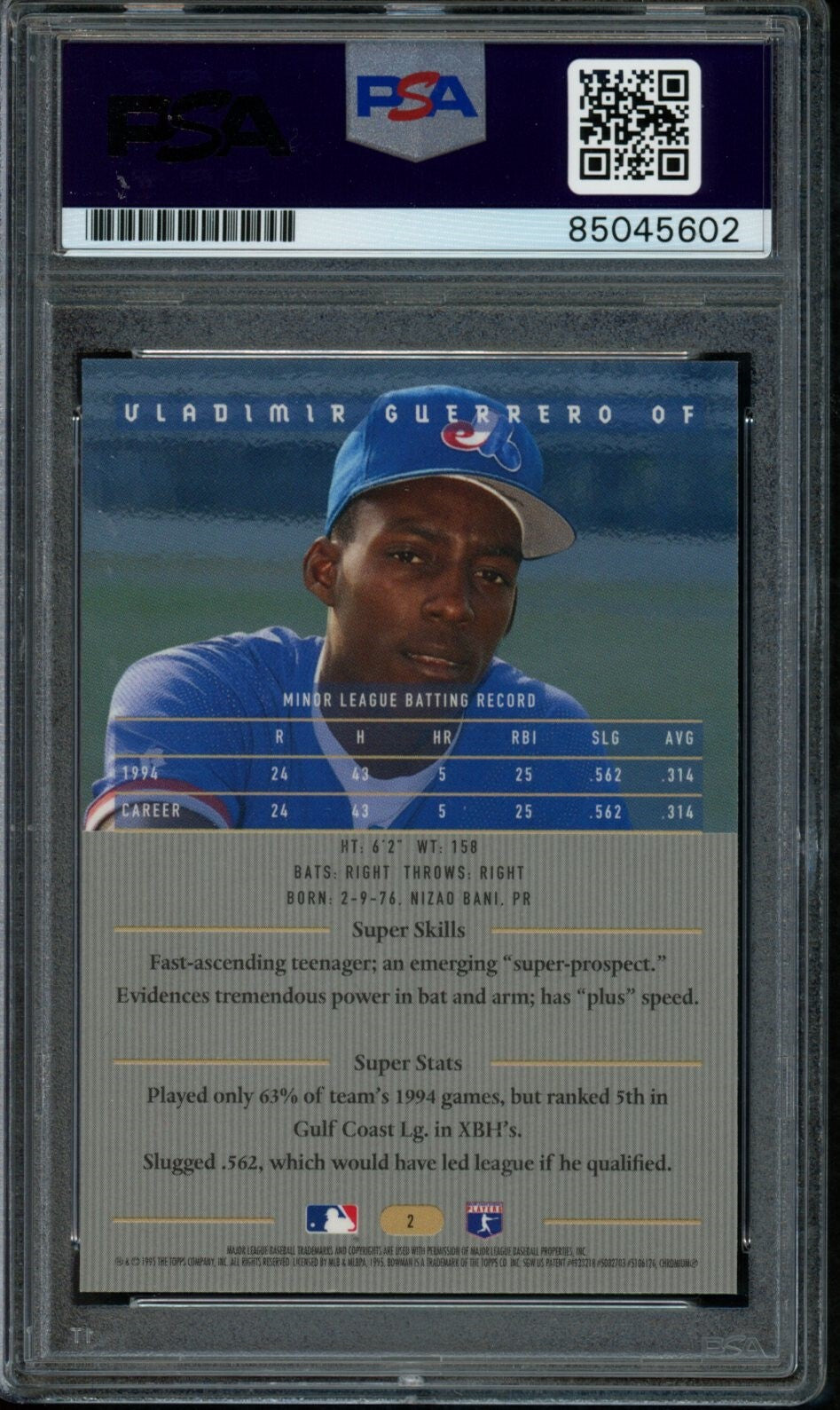 Vladimir Guerrero Montreal Expos Signed 1995 Bowman'S Best Rookie #2 Psa/Dna
