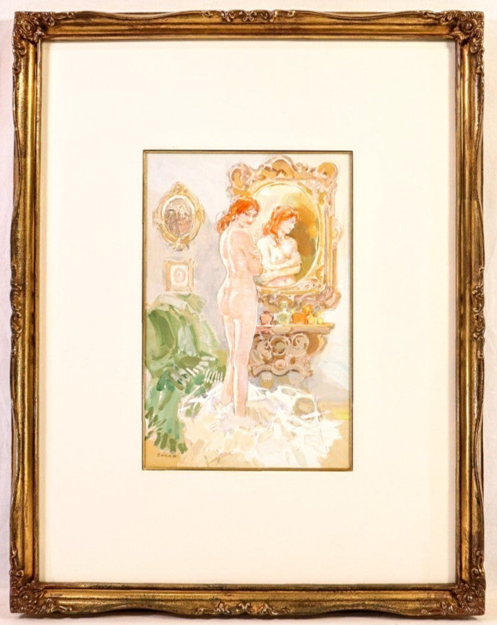 Erno Zorad "Mirror" Signed Watercolor Nude Painting - Rare Hungarian Artist