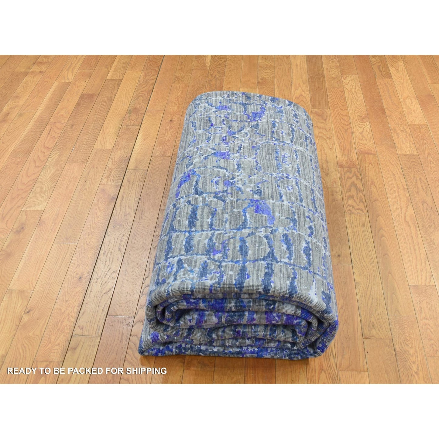 10'2"X13'10" Indigo Diminishing Bricks Sari Silk Hand Knotted Rug