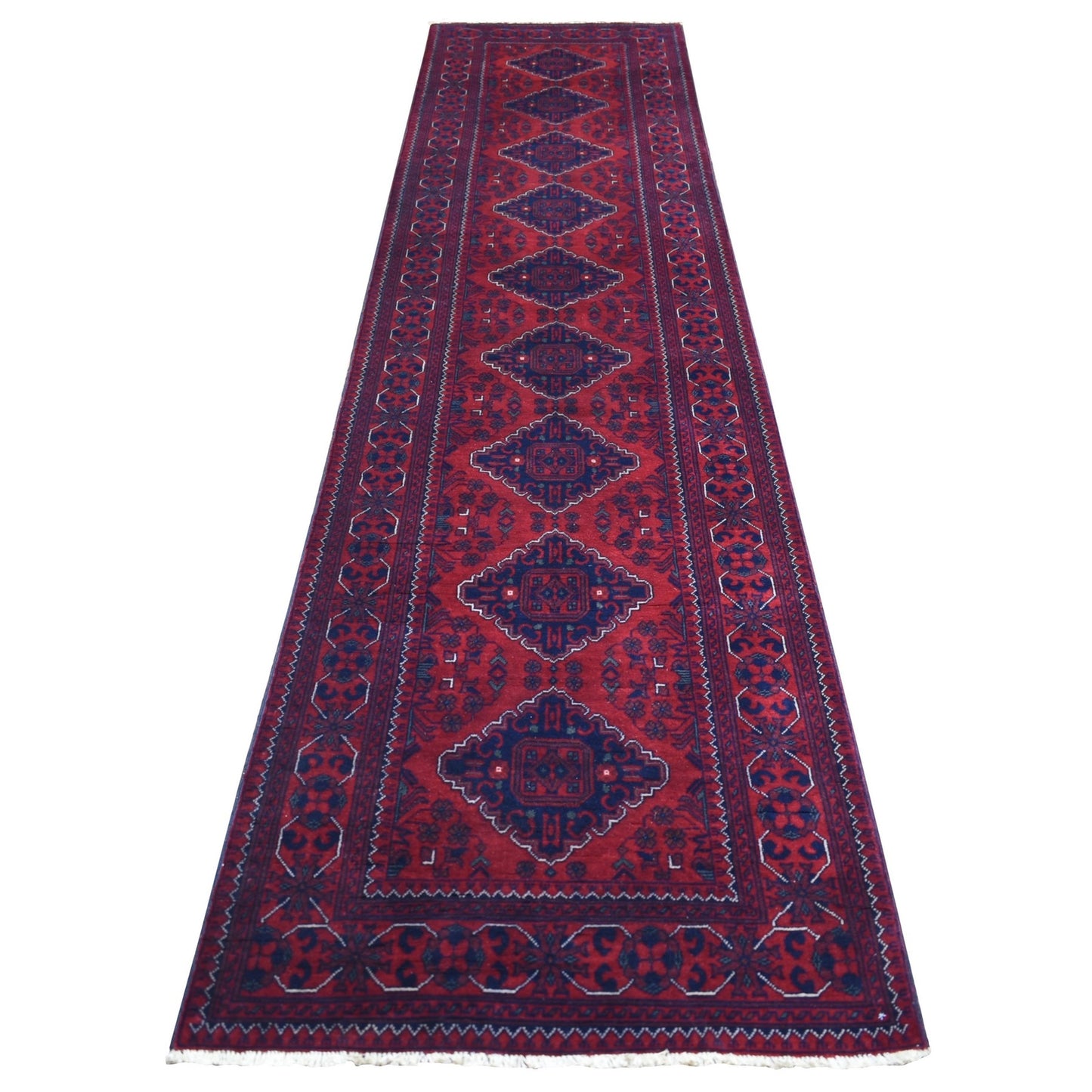 3'X12'9" Deep Red Pure Wool Hand Knotted Afghan Khamyab Runner Rug
