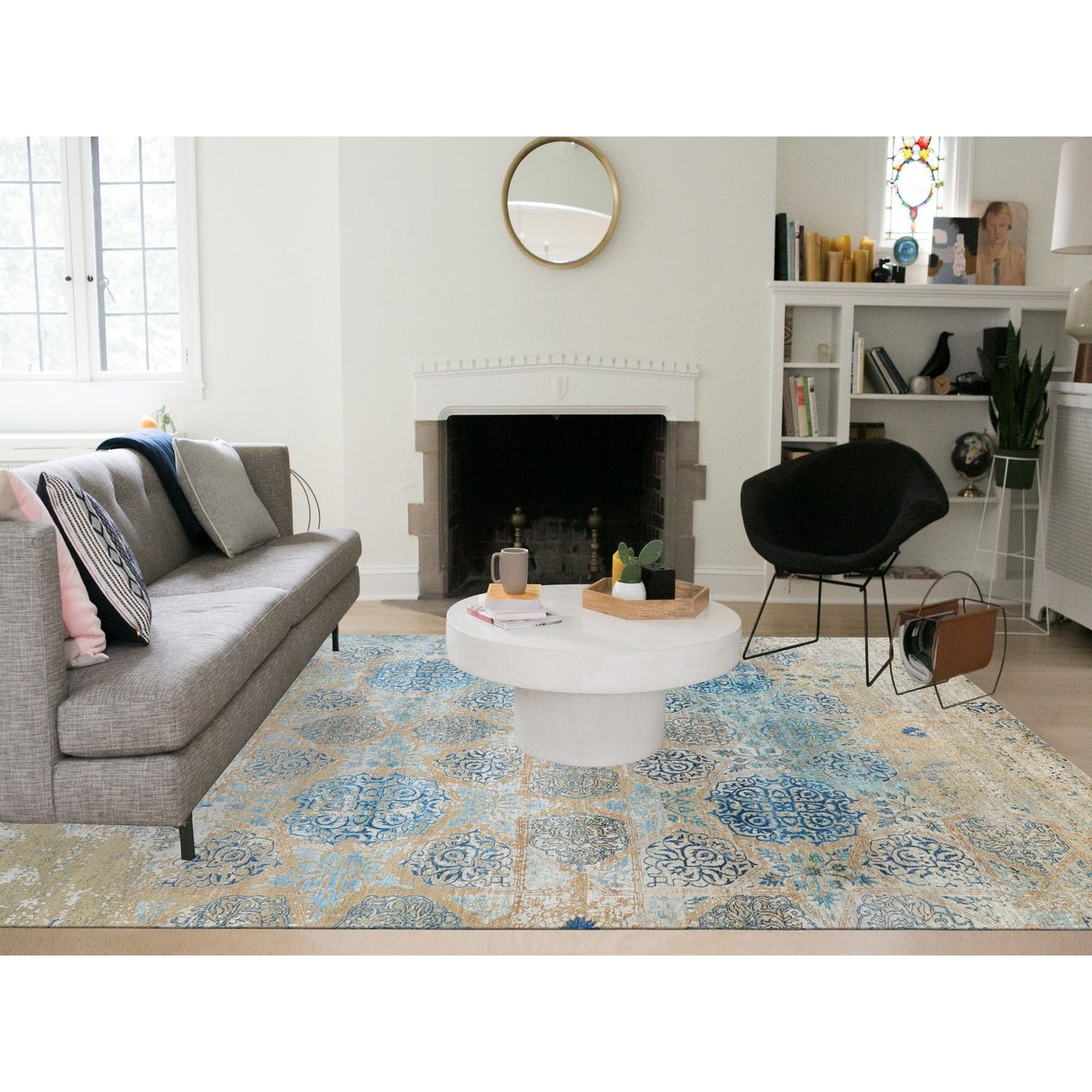 8'10"X12' Gray Snowflake Silk With Textured Wool Oriental Rug