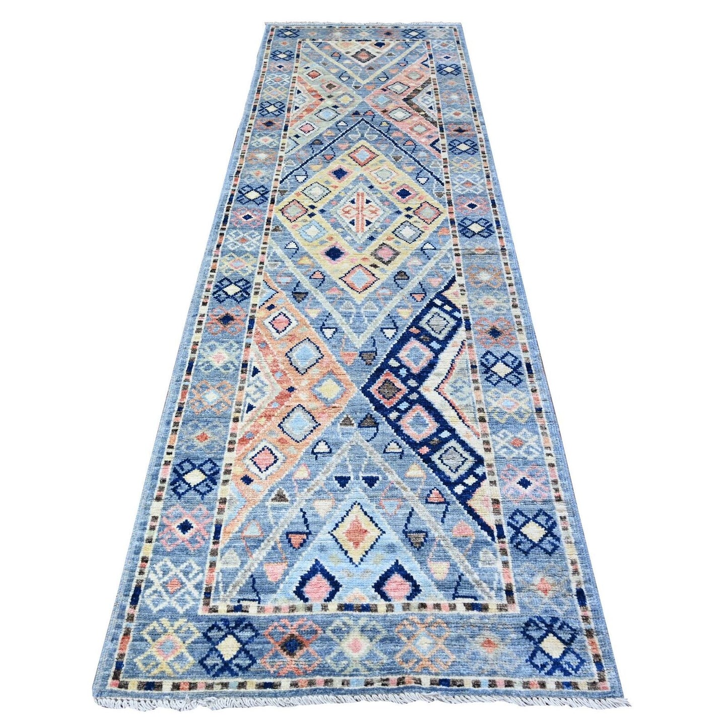 3'2"X10'1" Arctic Blue Hand Knotted Village Inspired Shiny Wool Rug