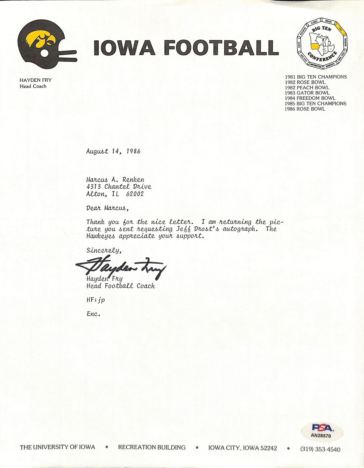 Hayden Fry Football Coach Signed Tls Letter