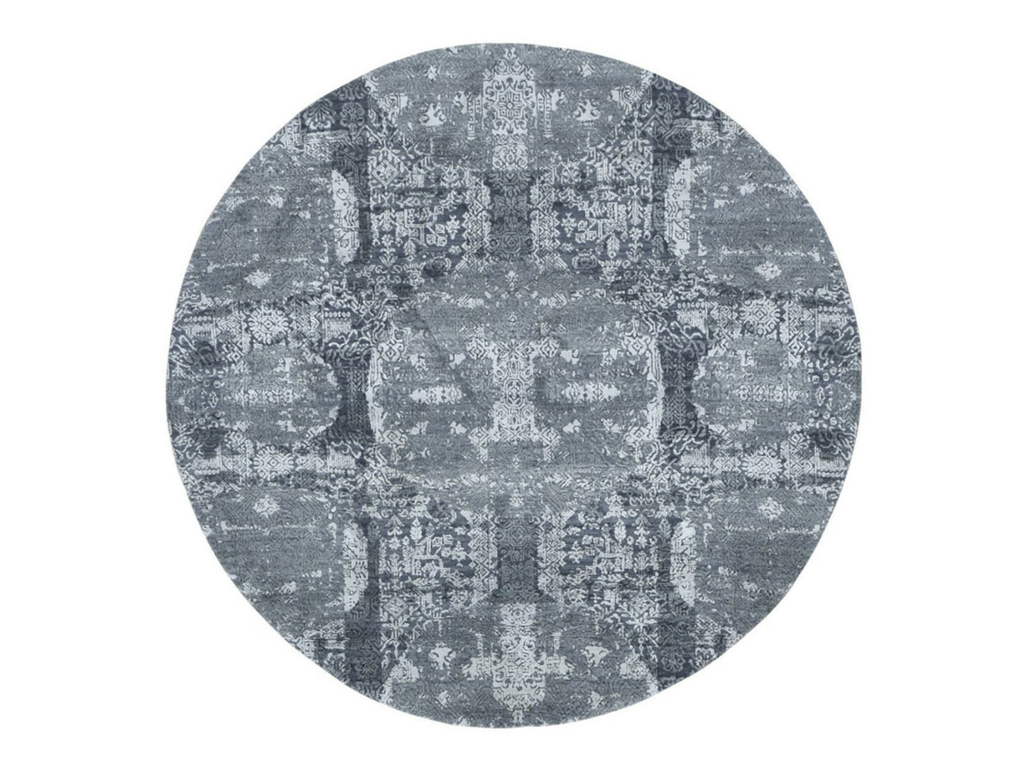 6'X6' Round Gray Wool And Pure Silk Jewellery Design Hand Knotted Rug
