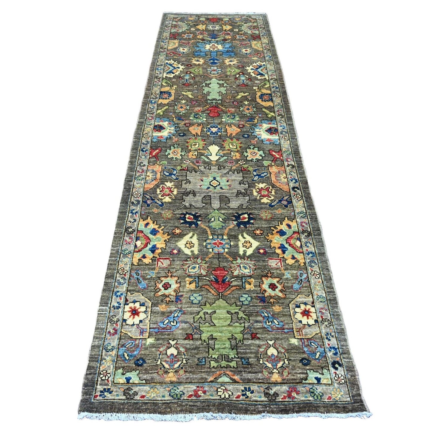3'2"X11'8" Brown Peshawar Heris Design Pure Wool Hand Knotted Runner Rug