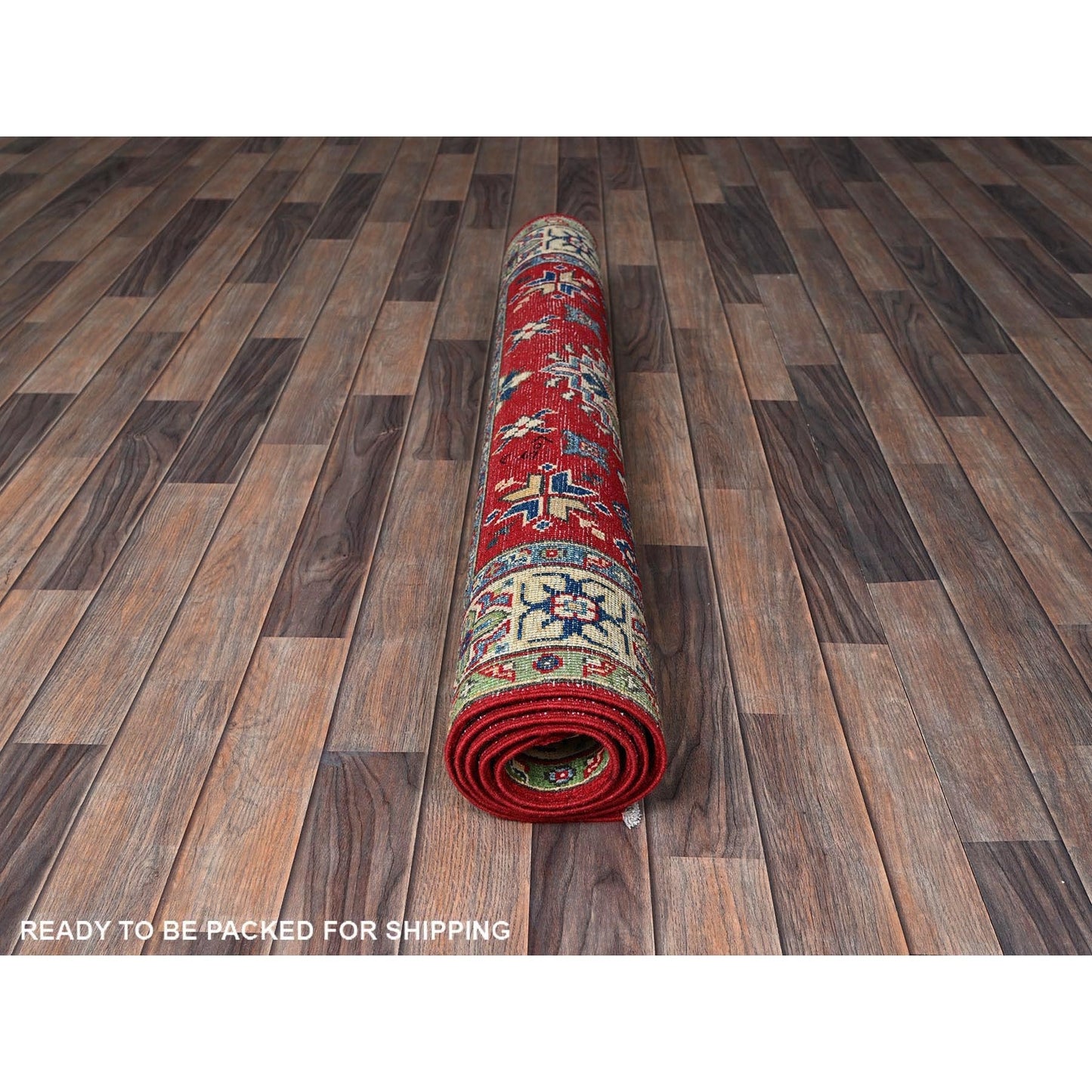 4'X6' Crimson Red Kazak With Tribal Motifs Hand Knotted Pure Wool Rug