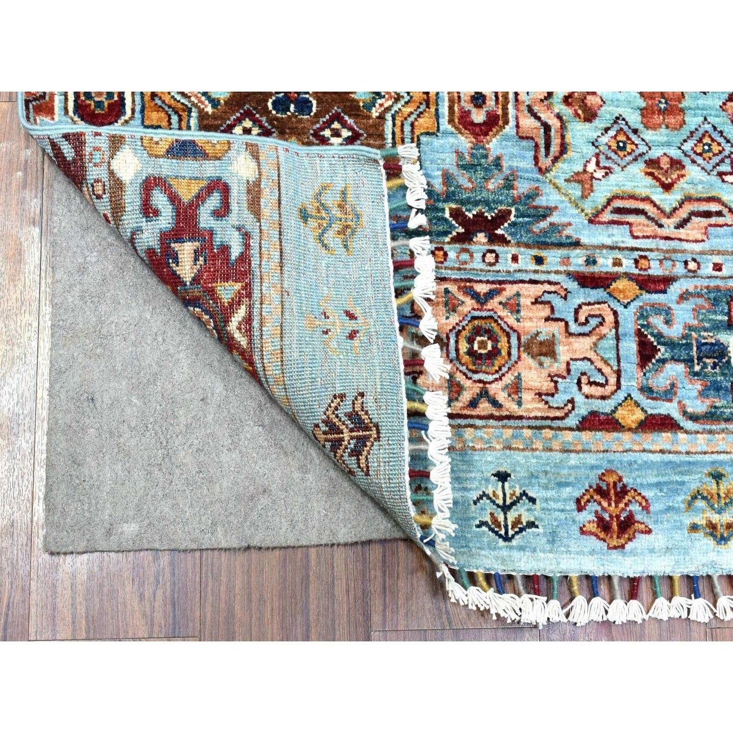 2'9"X9'10" Blue Super Kazak Khorjin Design Wool Hand Knotted Runner Rug