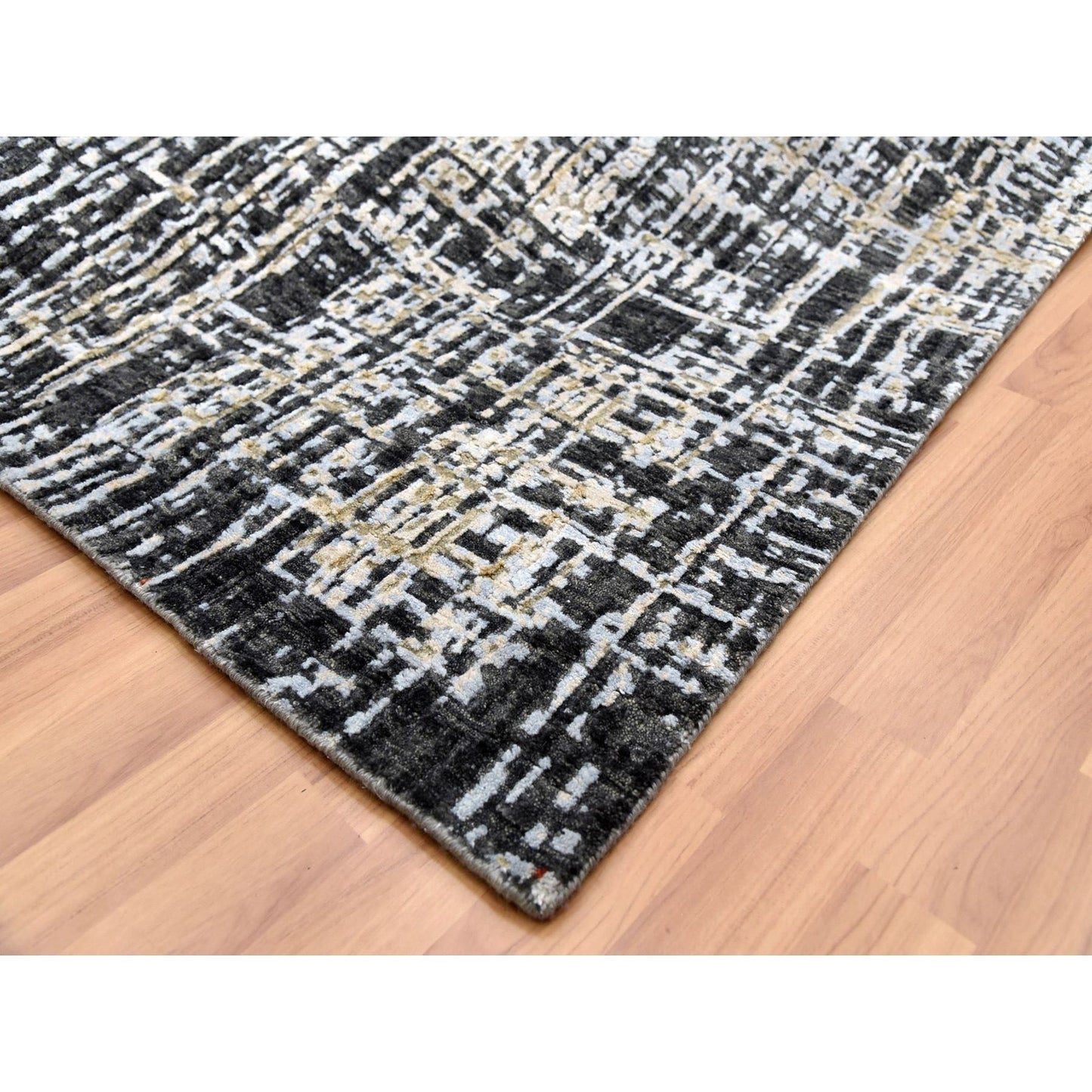 9'X12'4" Jet Black Organic Wool Hand Knotted Abstract Design Rug