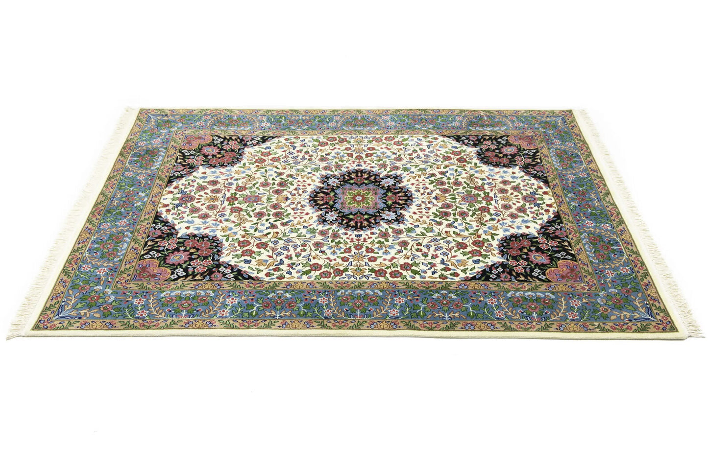 Handmade Kirman Oriental Rug Cream & Blue Floral