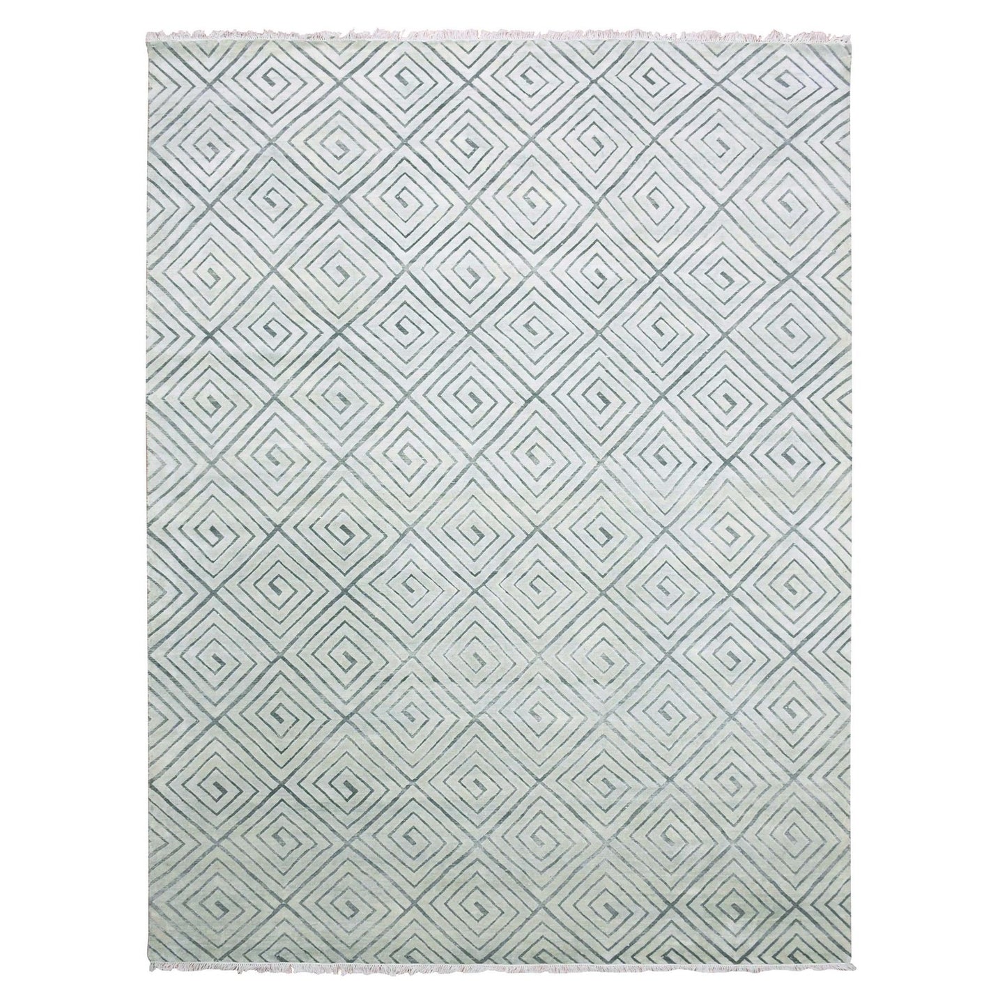 9'X12'1" Ivory Modern Roman Key Design Silk With Wool Hand Knotted Rug
