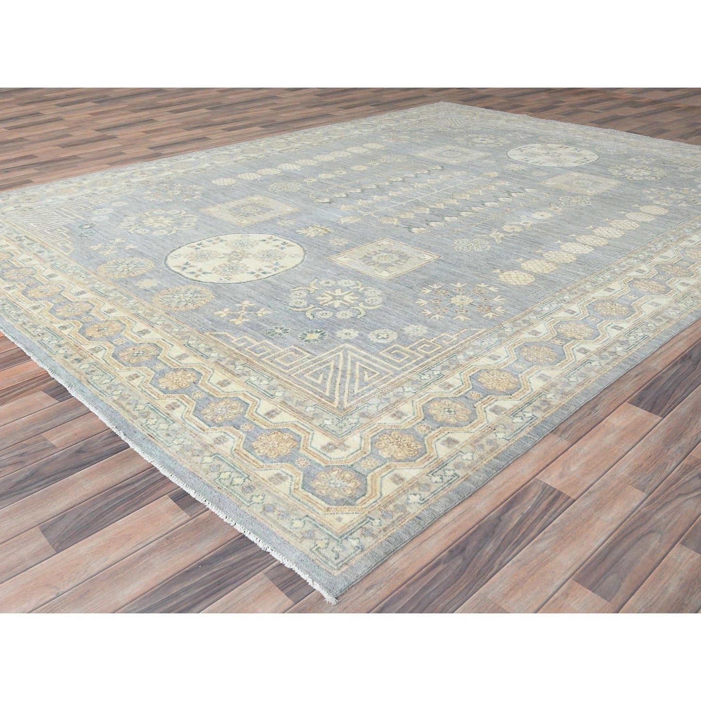 9'1"X12' Misty Gray Afghan Peshawar Soft Wool Hand Knotted Rug