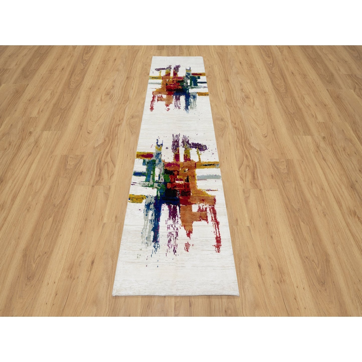 2'6"X9'10" Ivory Abstract Motifs Wool And Silk Hand Knotted Runner Rug