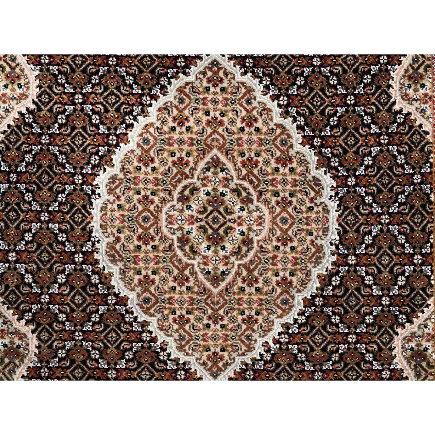 4'2"X6'1" Hand Knotted Tebraz Mahi Fish Medallion Design Wool-Silk Rug