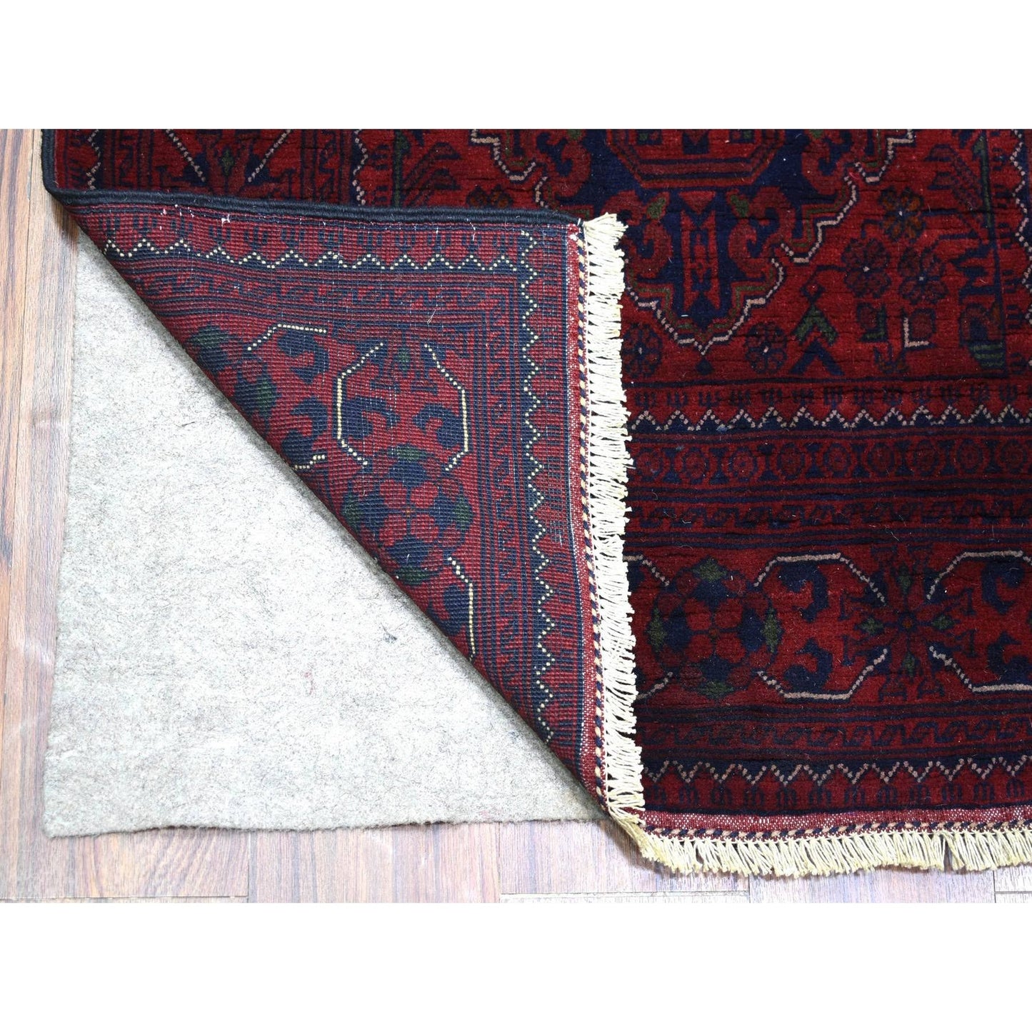 2'8"X13'1" Red Afghan Khamyab Pure Wool Geometric Design Hand Knotted Rug