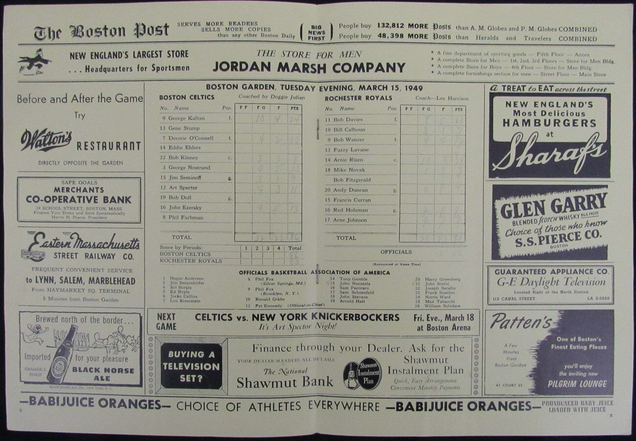 Vintage 1949 Boston Celtics Vs. Rochester Royals