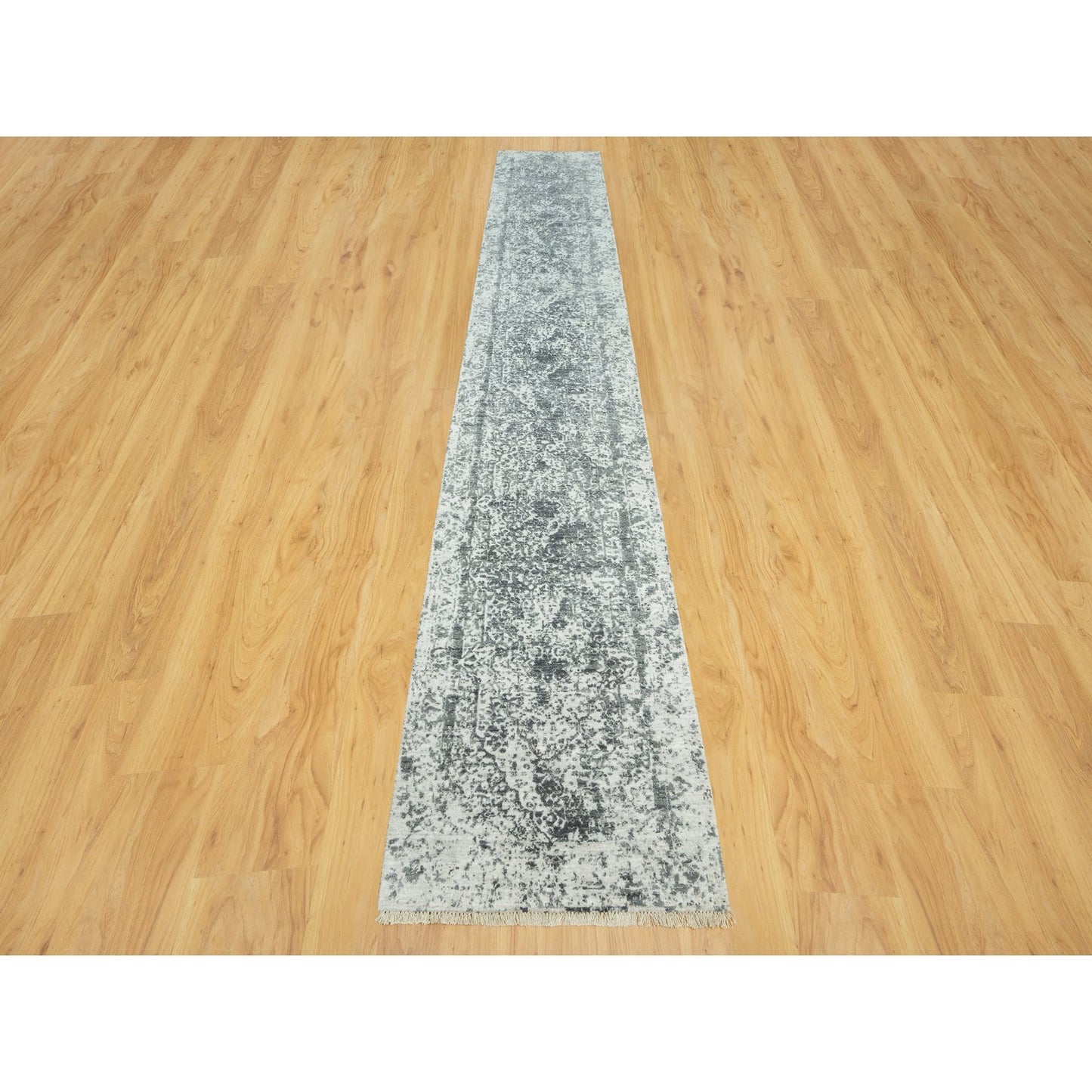 2'6"X15'8" Gray Zoroastrian Design Hand Knotted Wool Silk Xl Runner Rug