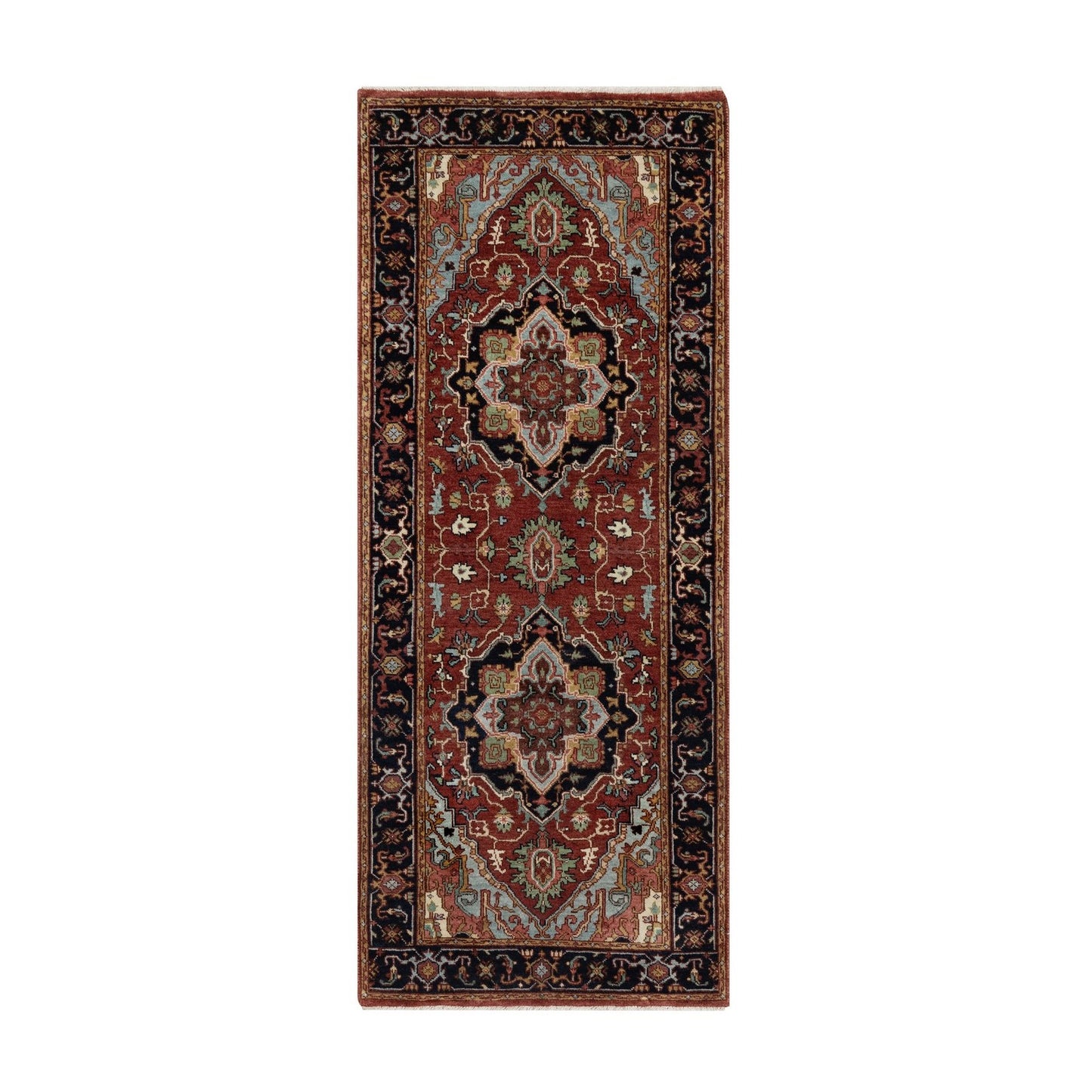 2'6"X6'3" Red Antiqued Heris Hand Knotted New Zealand Wool Runner Rug