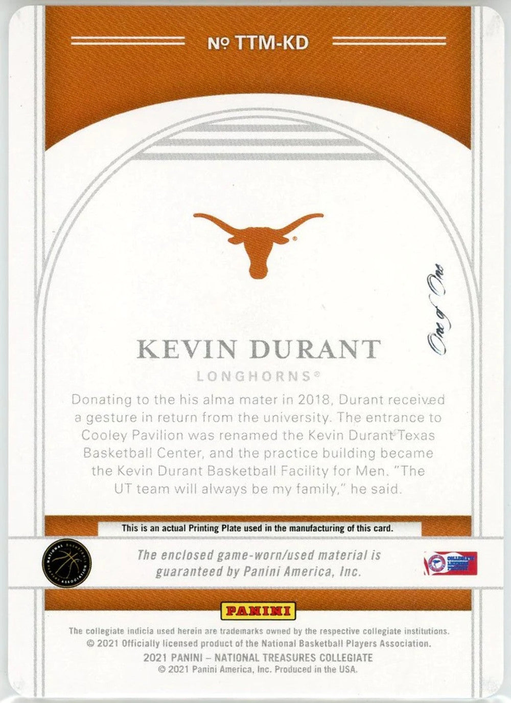 Kevin Durant 2021 Panini National Treasures Collegiate Patch Printing Plate Card