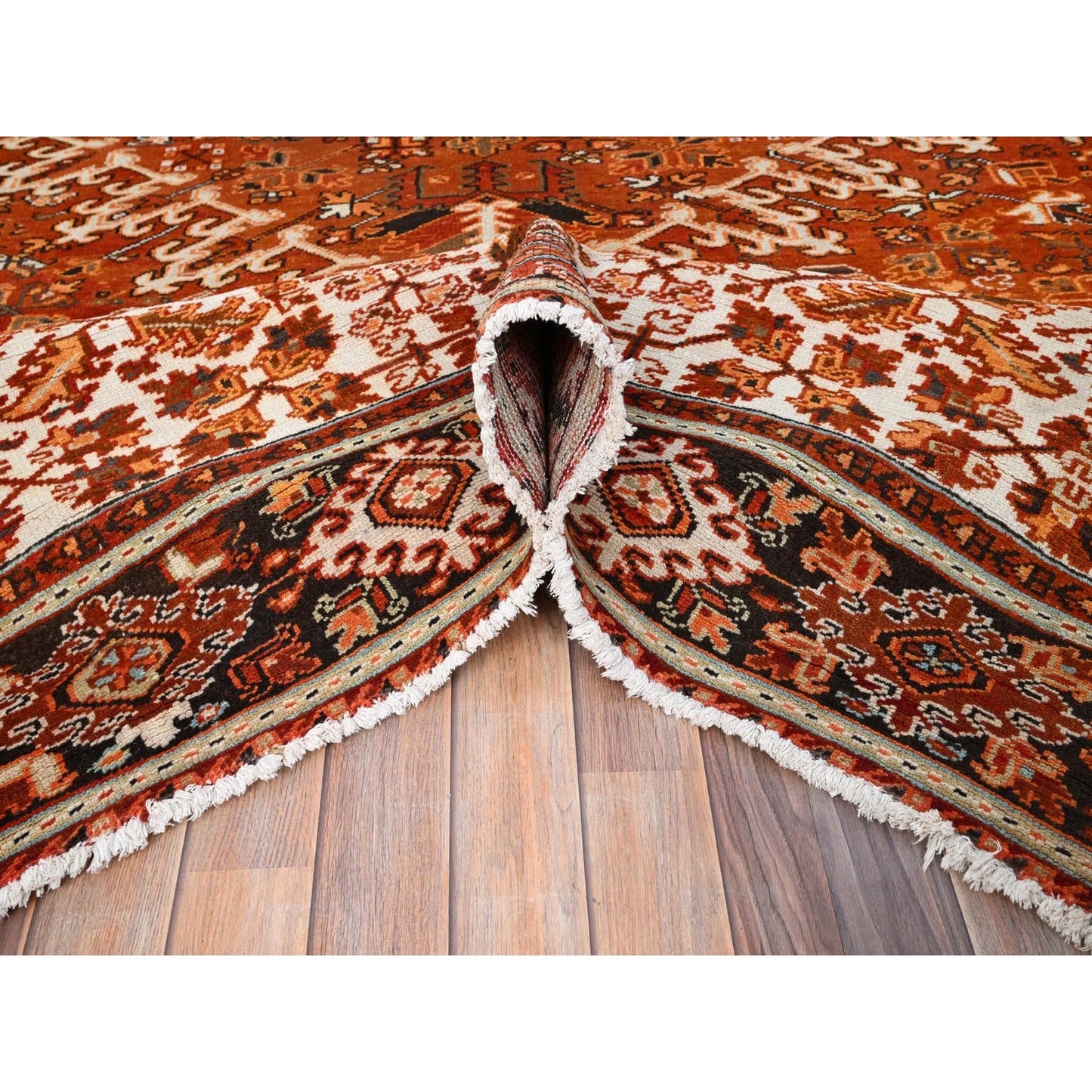 10'2"X13' Orange Semi Antique Zoroastrian Heris Worn Wool Handknotted Rug