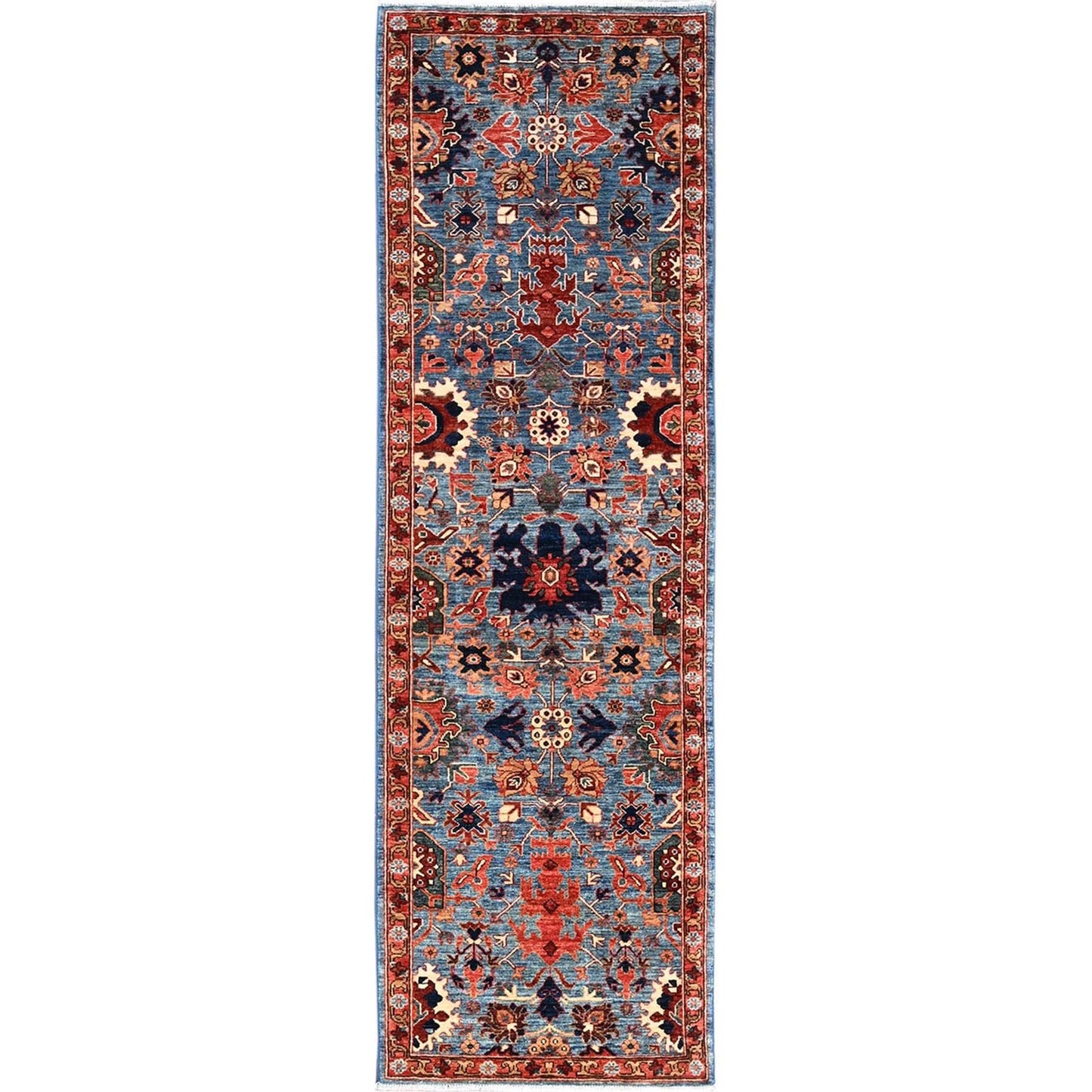 2'10"X9'10" Blue Heris All Over Design Hand Knotted Soft Wool Runner Rug