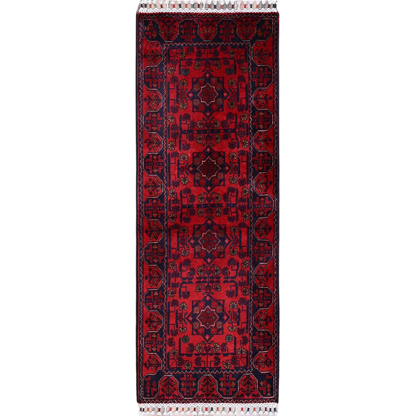 1'9"X4'10" Red, Afghan Khamyab Tribal Design Wool Hand Knotted Runner Rug