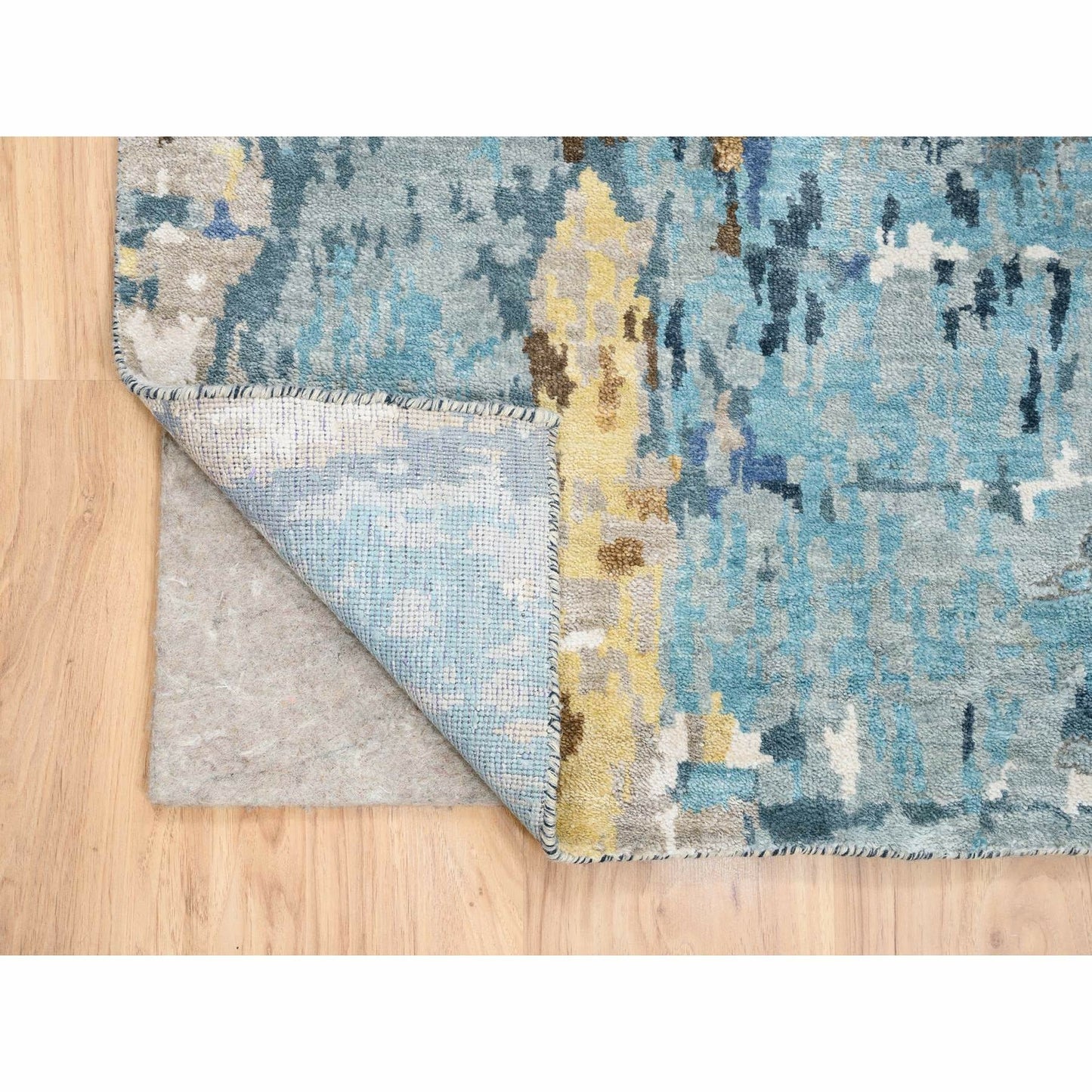 2'6"X10' Denim Blue Mosaic Design Hand Knotted Wool And Silk Rug