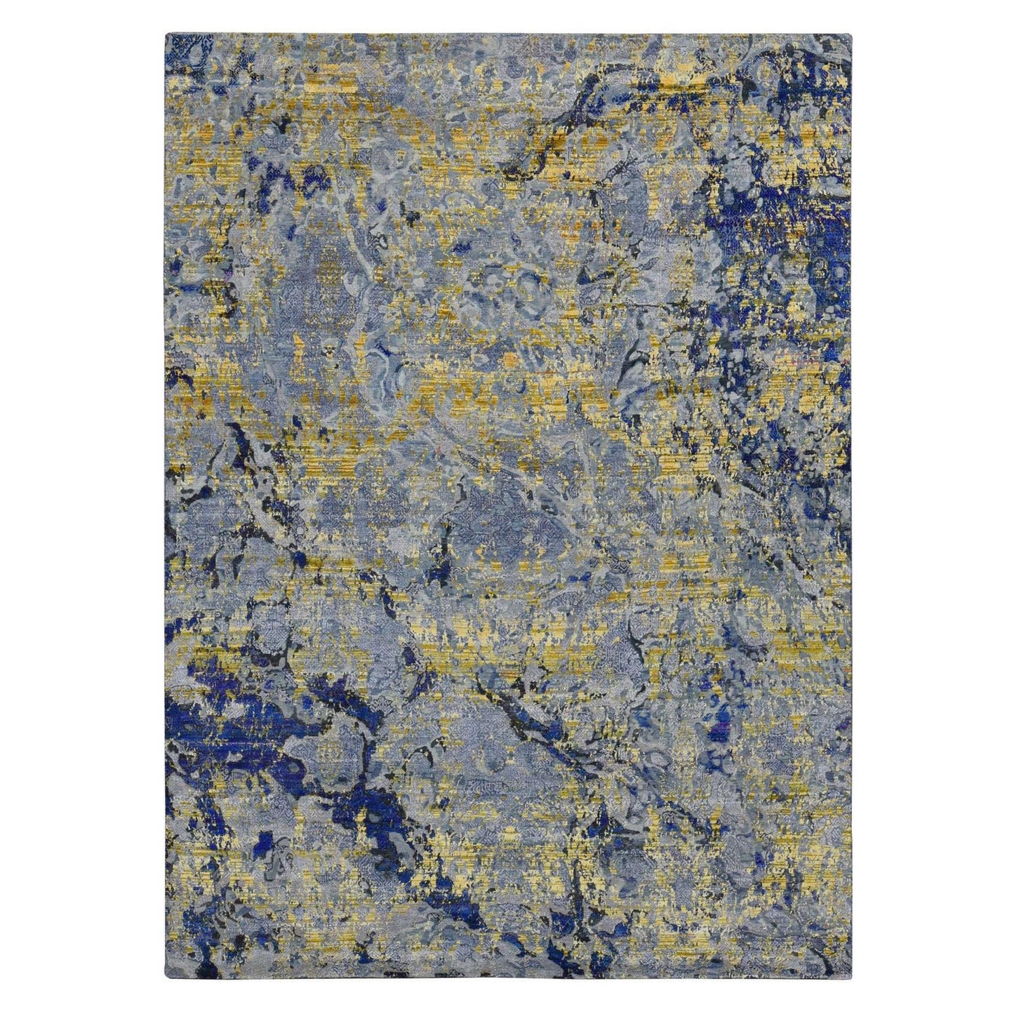 8'10"X12'5" Yellow Modern Design Sari Silk With Wool Hand Knotted Rug
