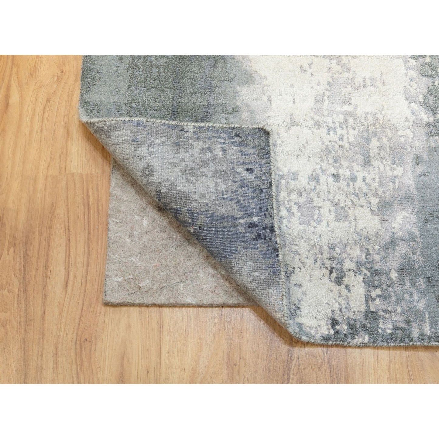 2'6"X10' Charcoal Black Abstract Design Wool-Silk Handknotted Runner Rug
