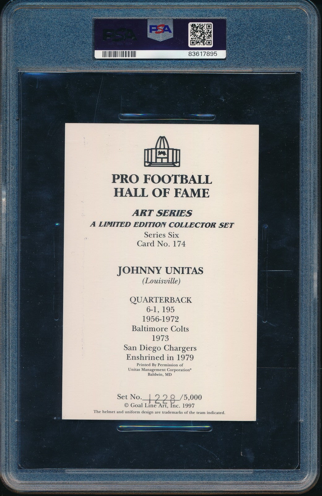 Johnny Unitas Hof Signed 1997 Goal Line Art Glac Postcard Colt Psa/Dna Gem Mt 10