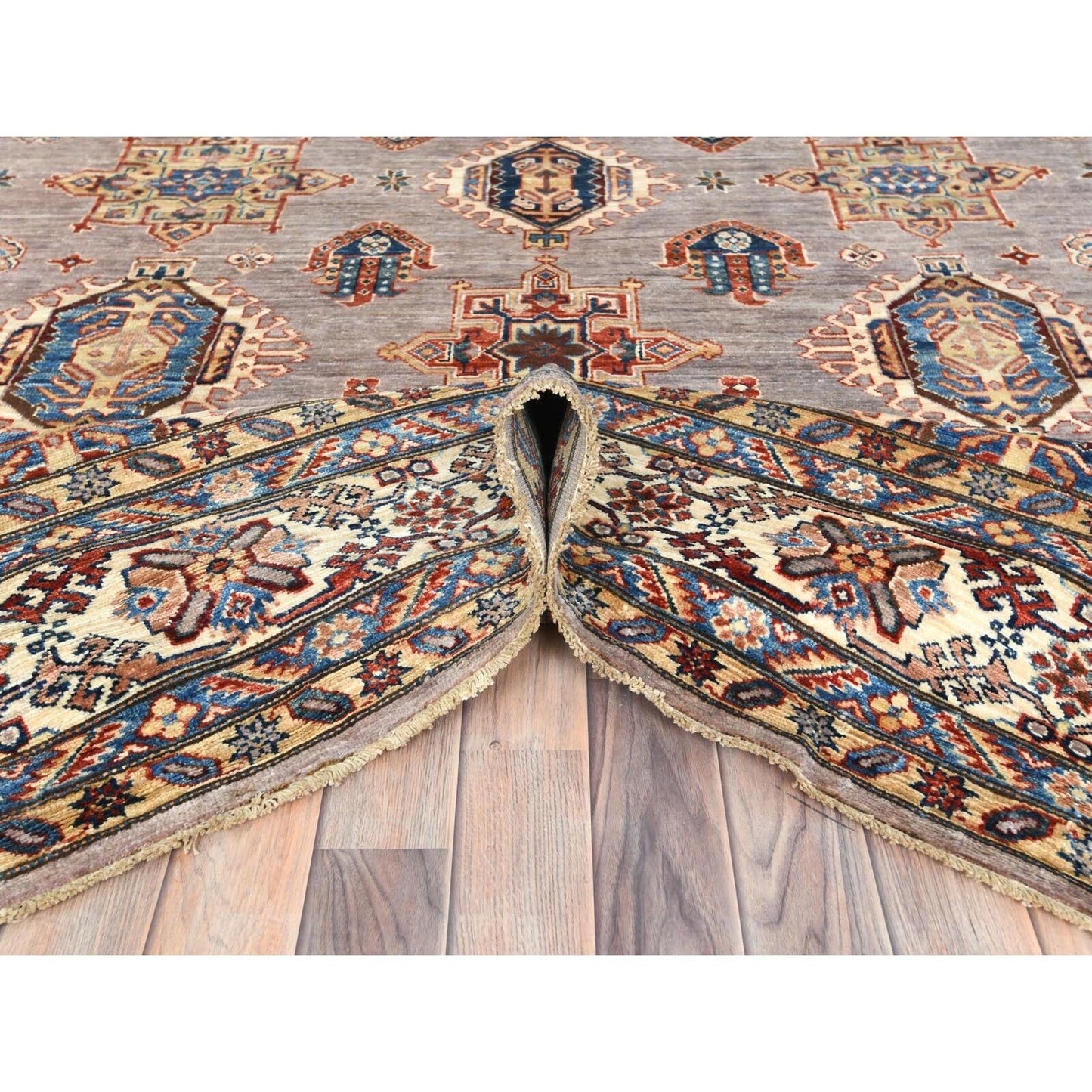 9'9"X9'9" Silver Pink Afghan Super Kazak Wool Hand Knotted Square Rug
