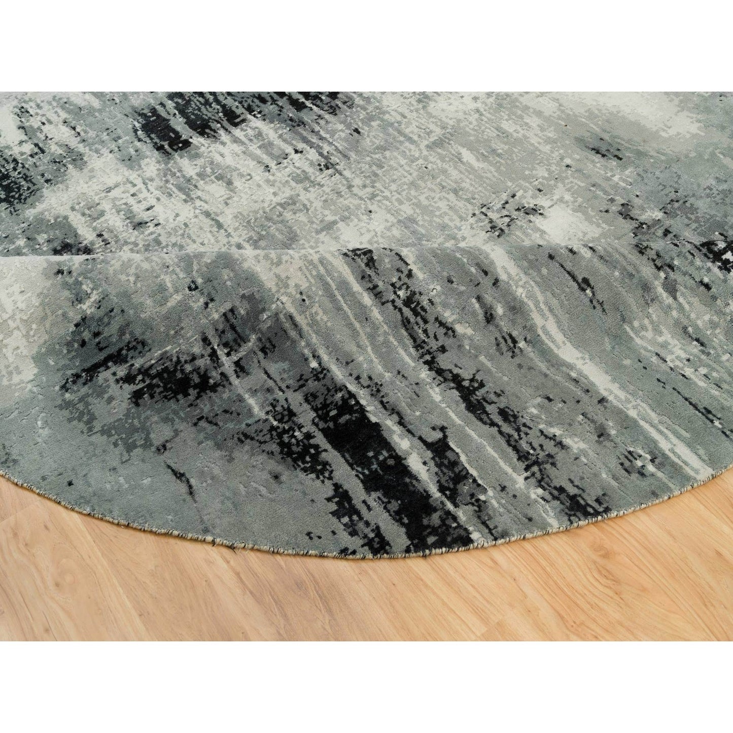 10'X10' Obsidian Black Hand Knotted Abstract Wool And Silk Round Rug