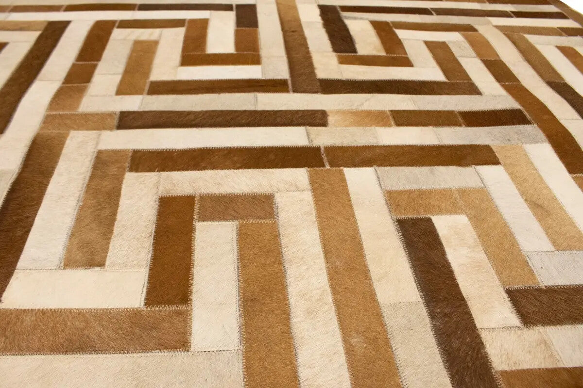Handcrafted Brown Beige Cowhide Leather Rug