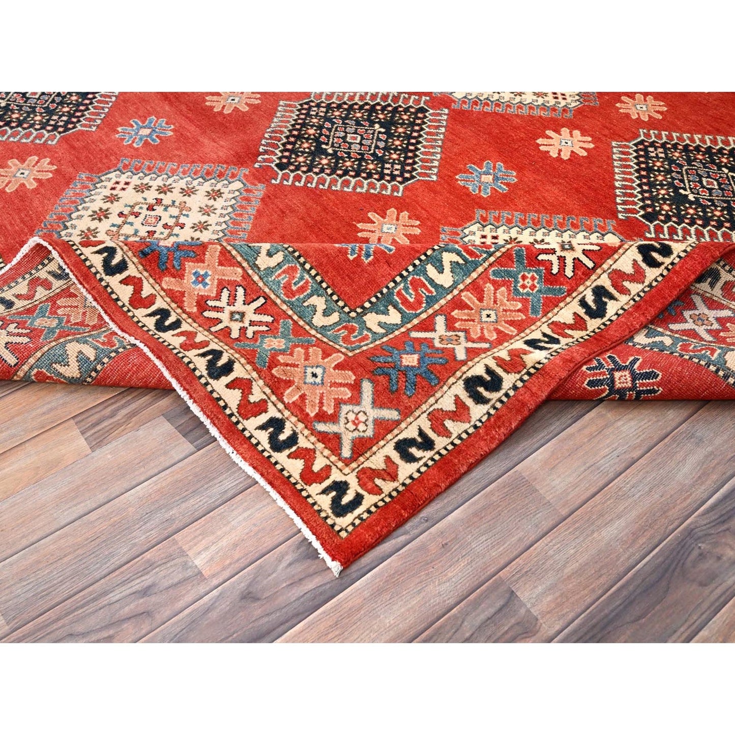 8'1"X9'9" Red Special Kazak All Over Medallions Wool Hand Knotted Rug