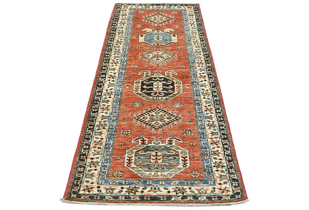 Handmade Kazak Runner Rug Rusty Red Tribal