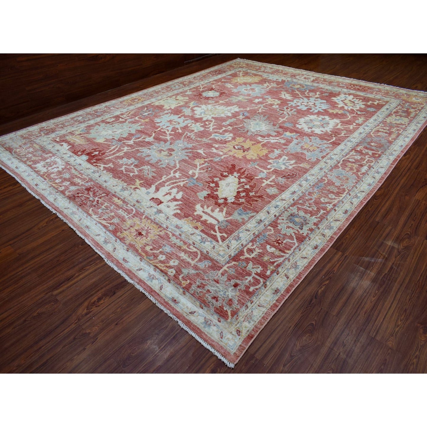 11'9"X14'8" Coral Red Hand Knotted Afghan Angora Oushak Natural Wool Rug