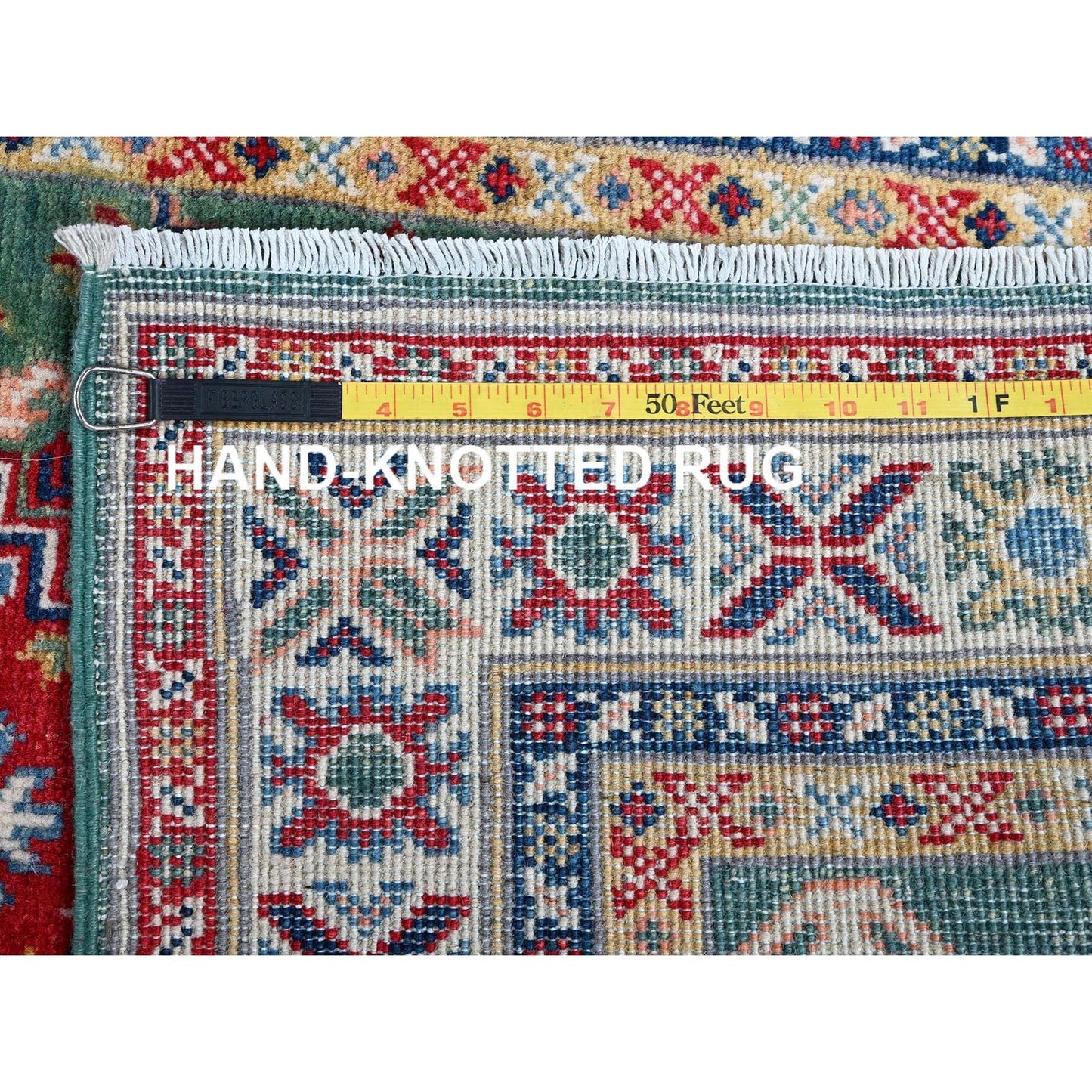 2'8"X9'10" Green Kazak Geometric Design Hand Knotted Soft Wool Runner Rug