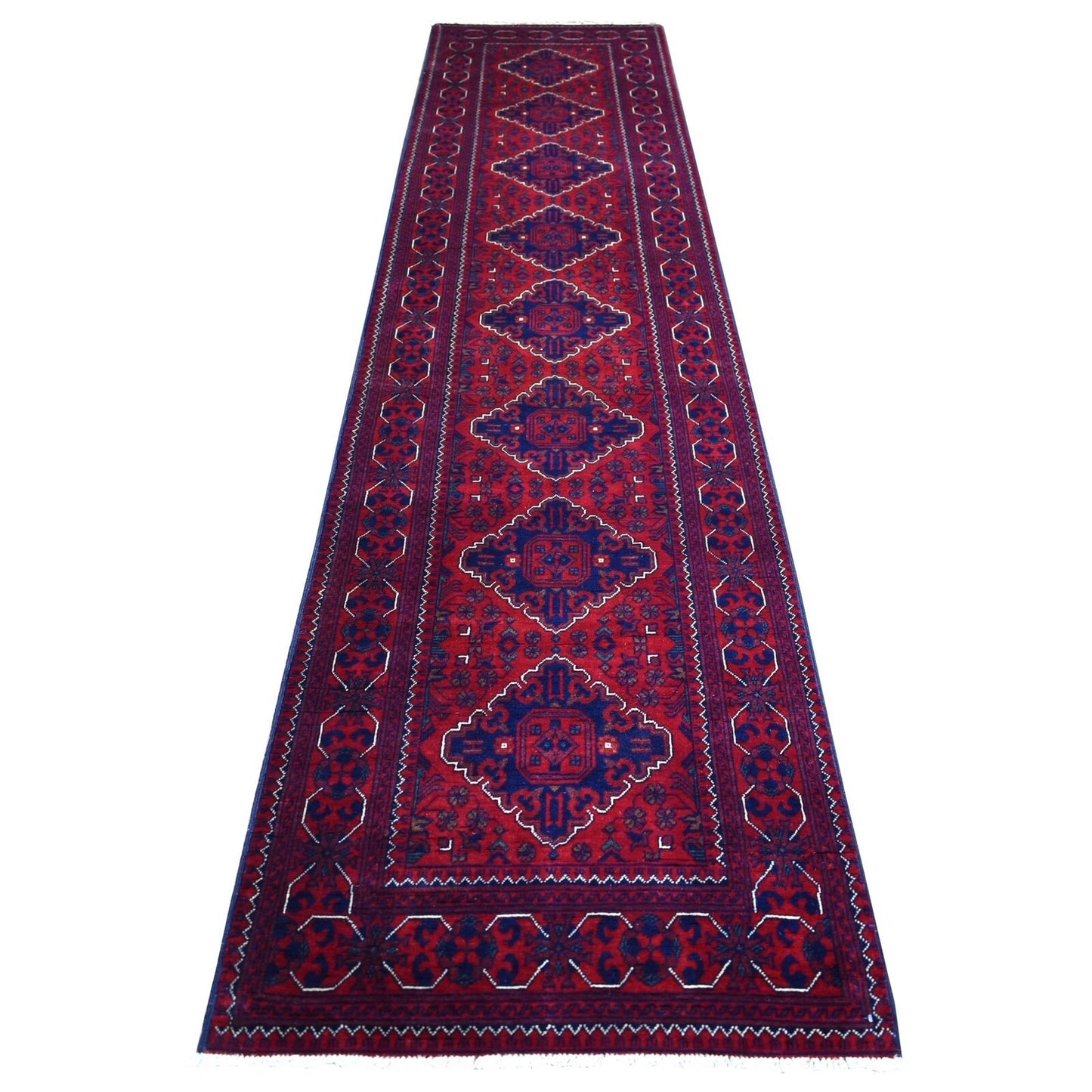 2'9"X12'10" Deep Red Afghan Khamyab Soft Wool Hand Knotted Runner Rug