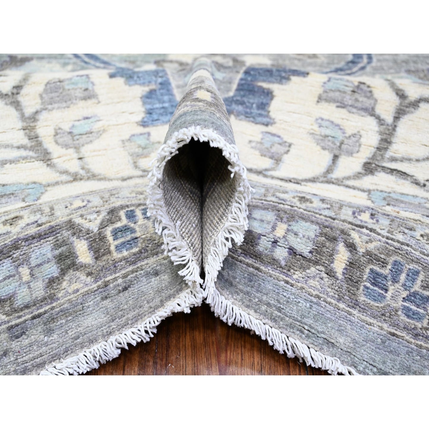 12'X12' Violet Mist Gray Fine Peshawar Hand Knotted Soft Wool Square Rug