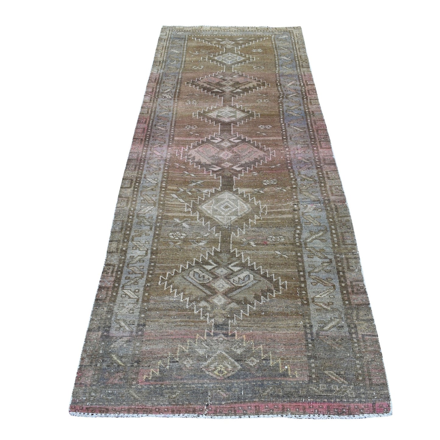 3'3"X9'8" Vintage Worn Down Wide Runner Hand Knotted Tribal Bohemian Rug