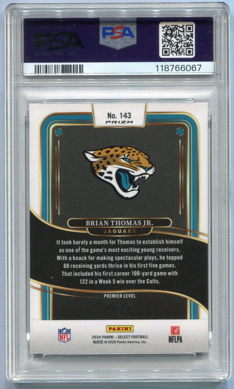 Brian Thomas Jr 2024 Panini Select Purple Prizm Rc #143 46/75 Psa Graded 10