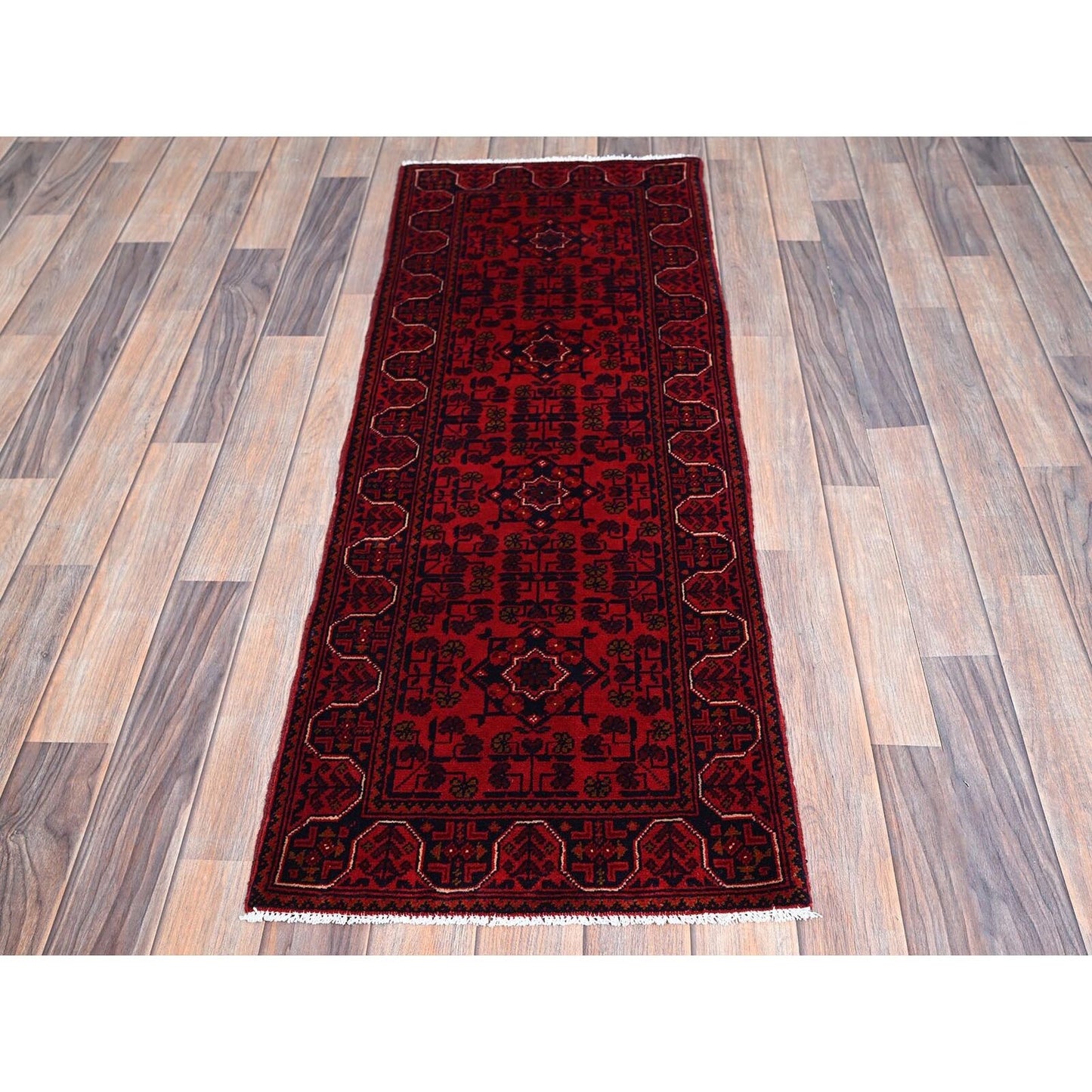 1'8"X4'9" Red Afghan Khamyab Geometric Pattern Hand Knotted Wool Runner Rug