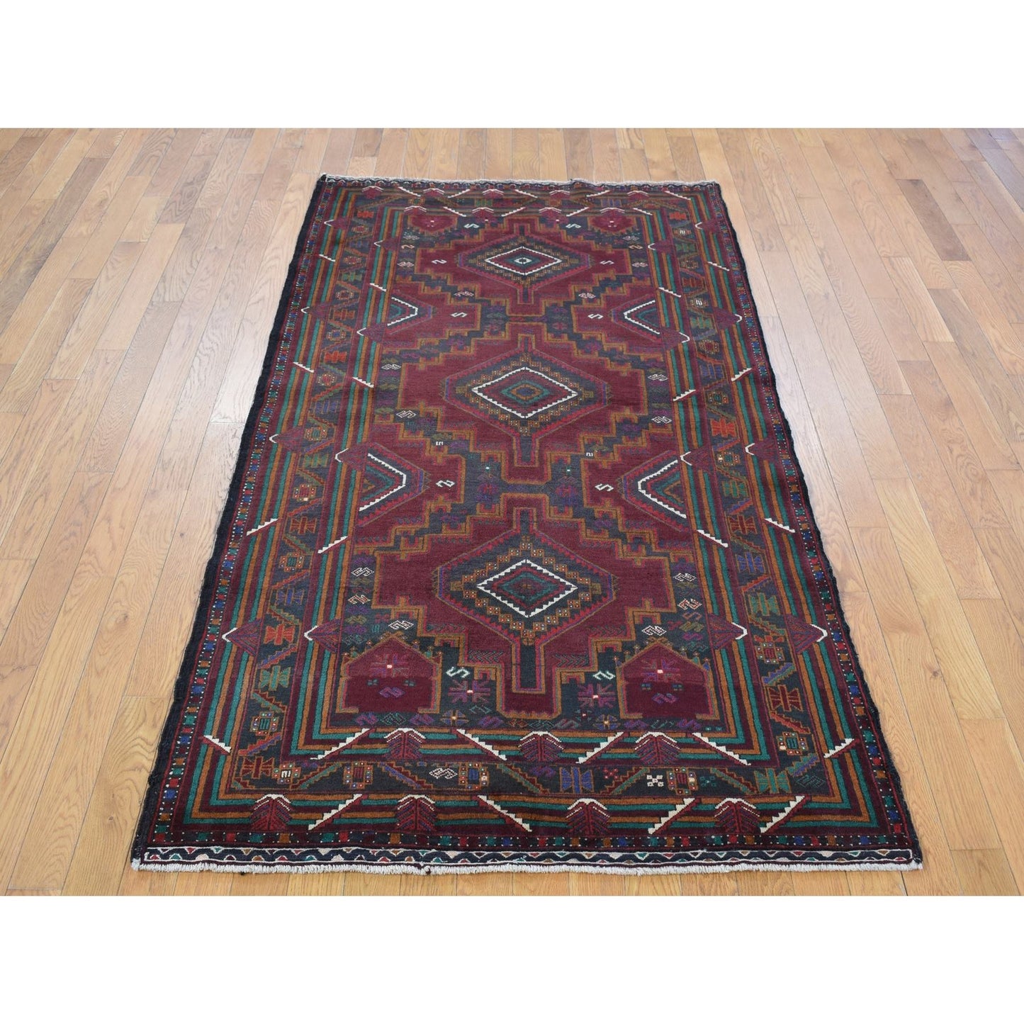 3'10"X7' Red Afghan Balooch Geometric Design Pure Wool Hand Knotted Rug