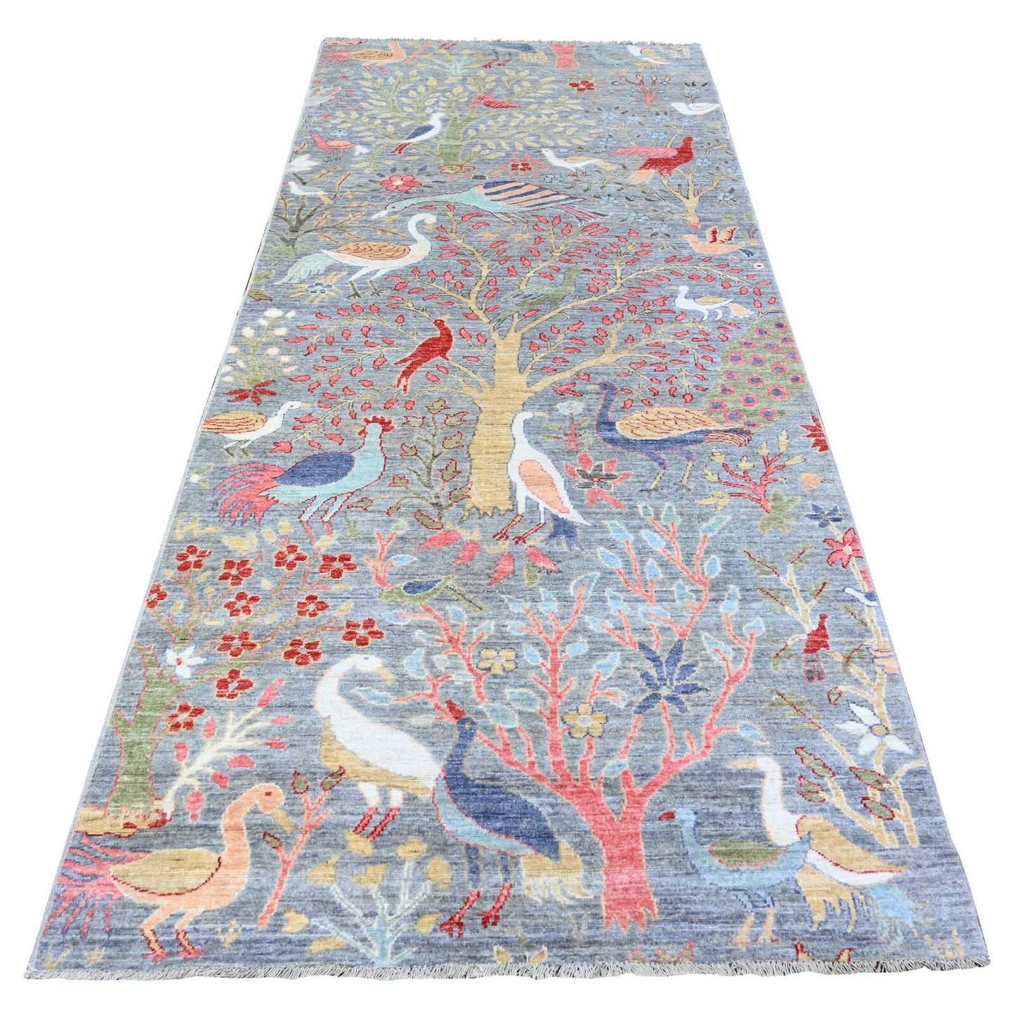 4'2"X9'8" Ice Gray Extra Soft Wool Hand Knotted Afghan Peshawar Rug