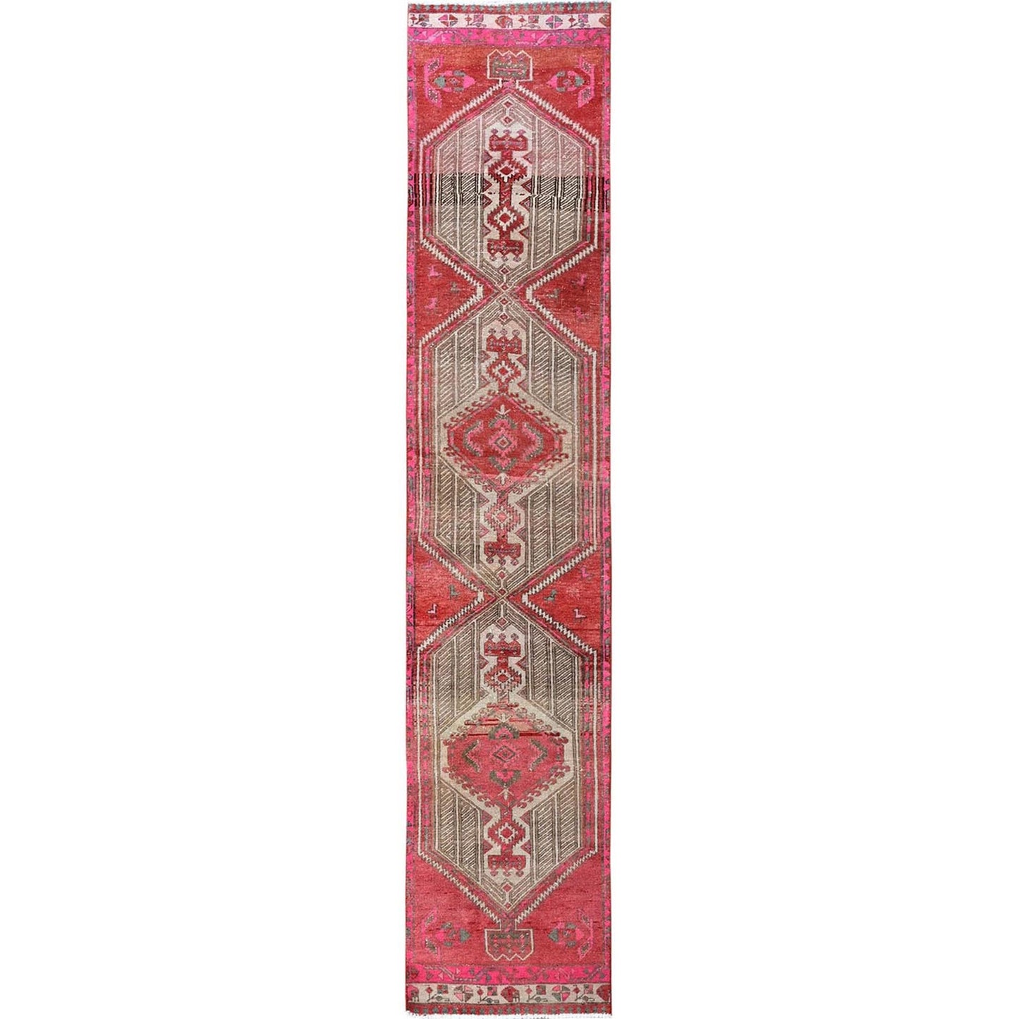 2'5"X11'10" Red Overdyed Vintage Zoroastrian Hand Knotted Wool Runner Rug