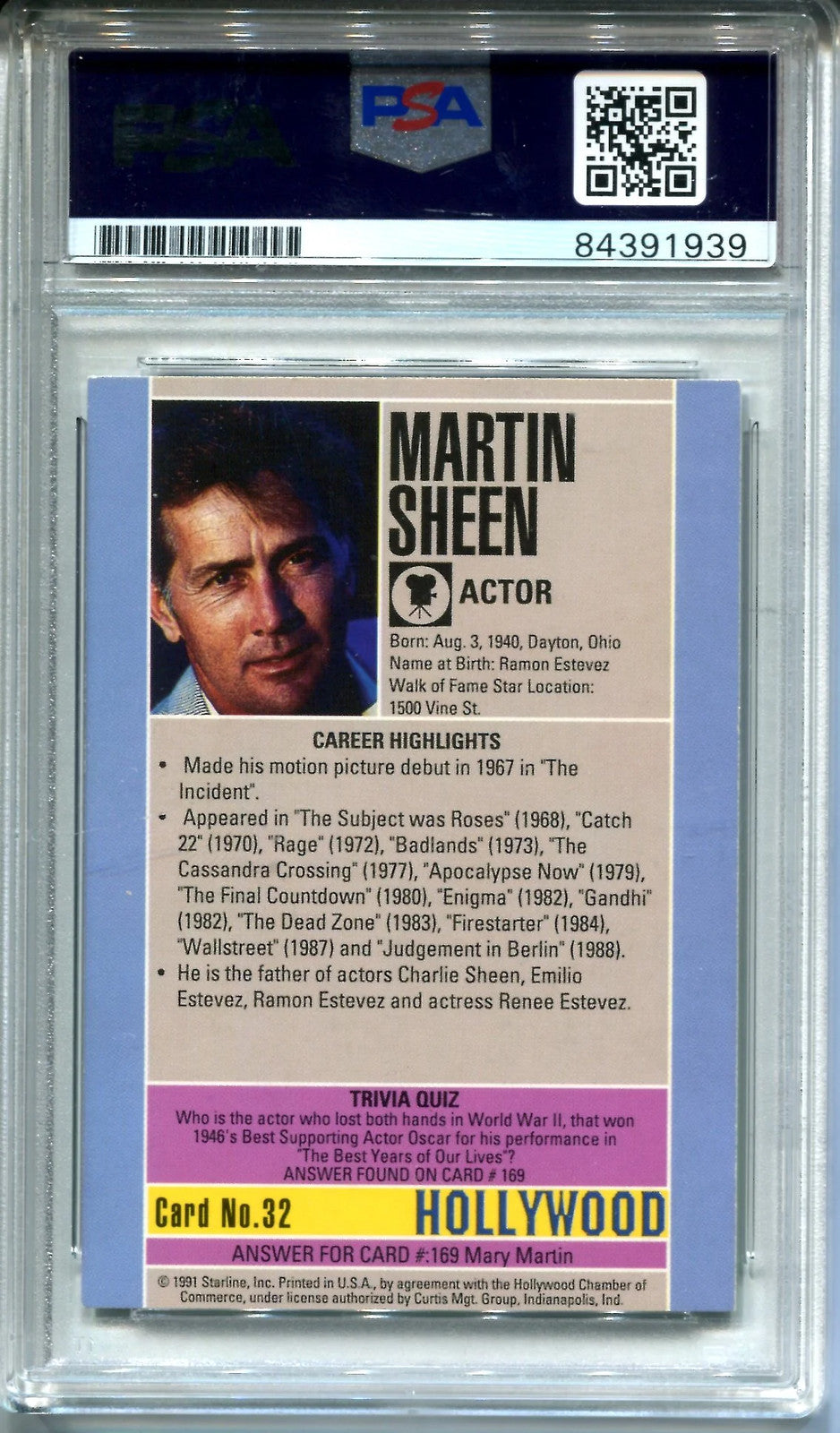 Martin Sheen 1991 Starline #32 (Psa Authentic) Card