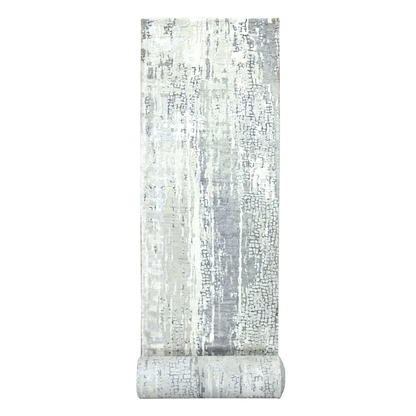2'5"X18' Rustic Gray Wool And Silk Hand Knotted Abstract Xl Runner Rug