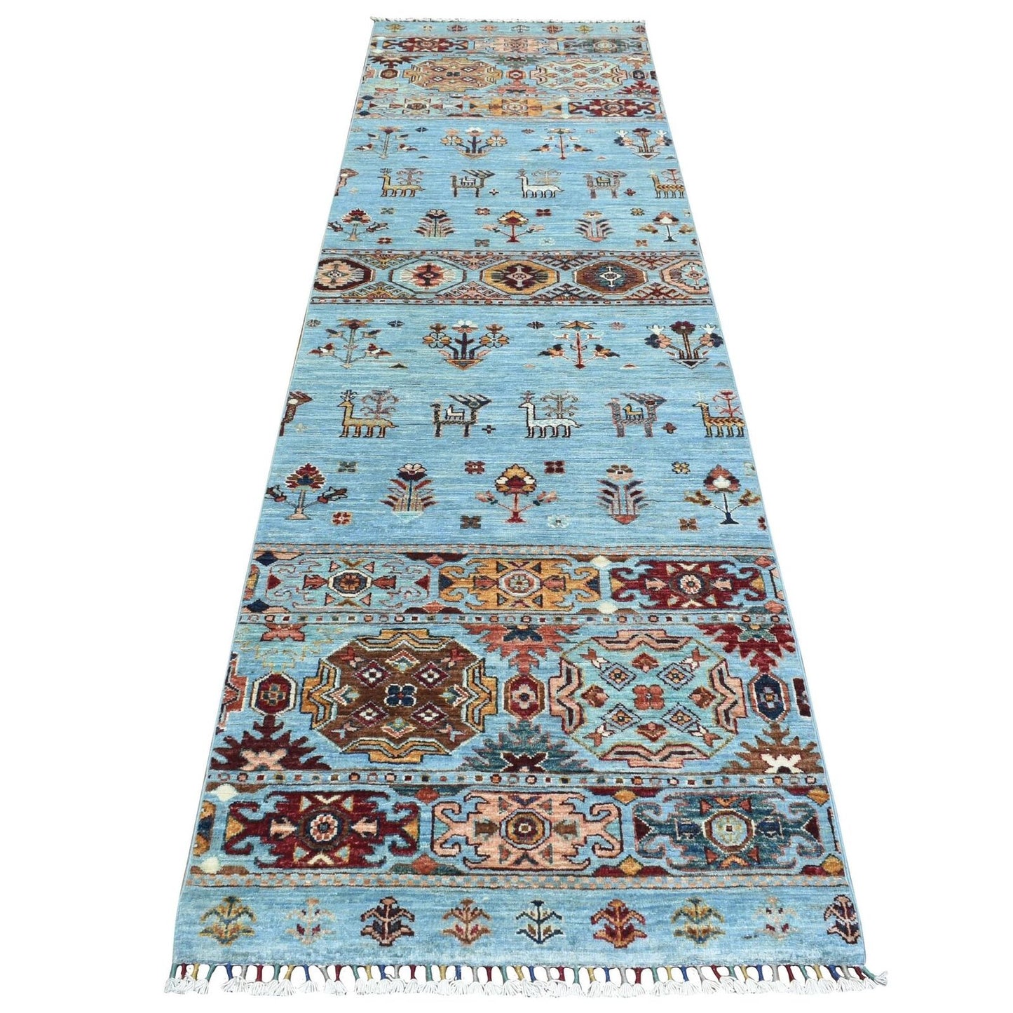 2'9"X9'10" Blue Super Kazak Khorjin Design Wool Hand Knotted Runner Rug