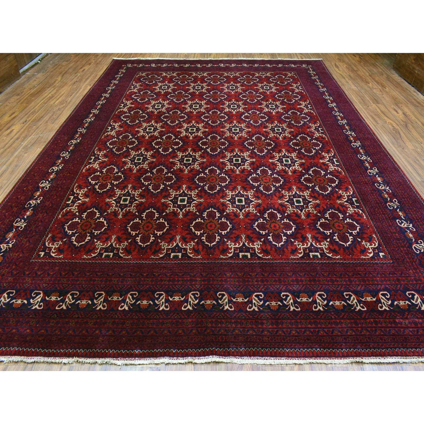 10'X13'8" Red Afghan Khamyab Soft Wool Geometric Design Hand Knotted Rug