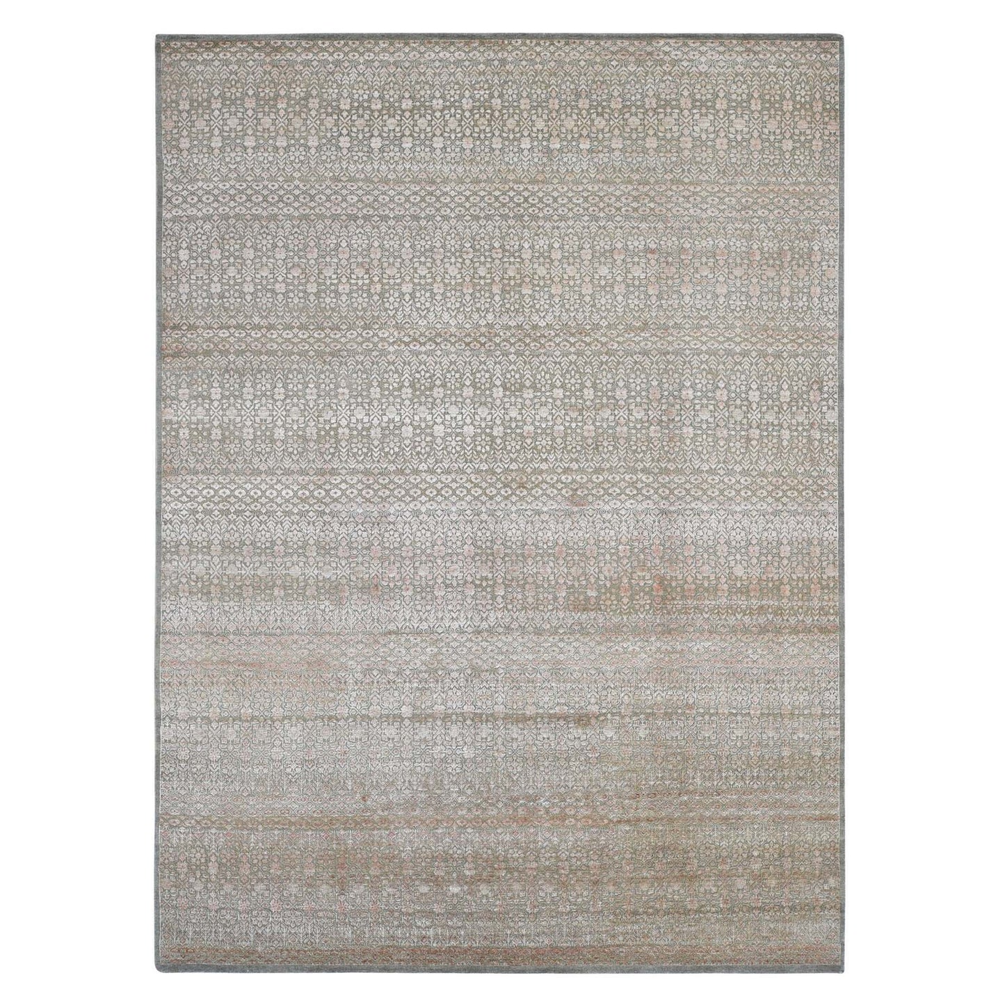 9'X12'2" Taupe, Repetitive Flower Design, Silken Wool Hand Knotted, Rug