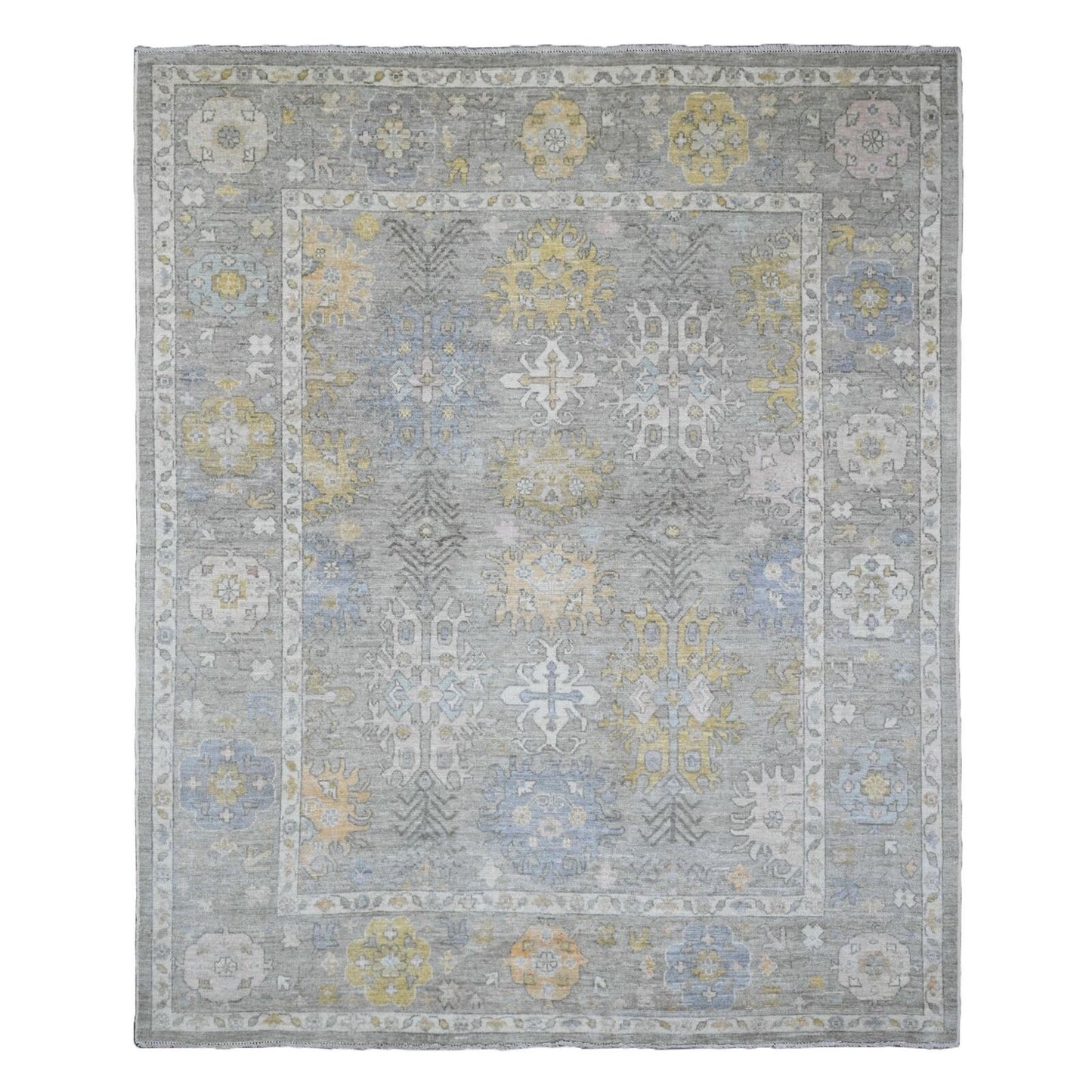 8'X9'7" Gray Afghan Angora Oushak Leaf Pattern Hand Knotted Pure Wool Rug